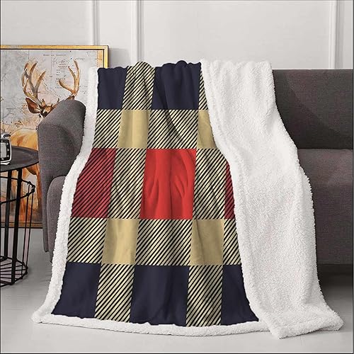 Manta Sherpa de color azul oscuro y crema, manta reversible a cuadros, suave y acogedora, perfecta para cama o sofá, 50 x 60 pulgadas