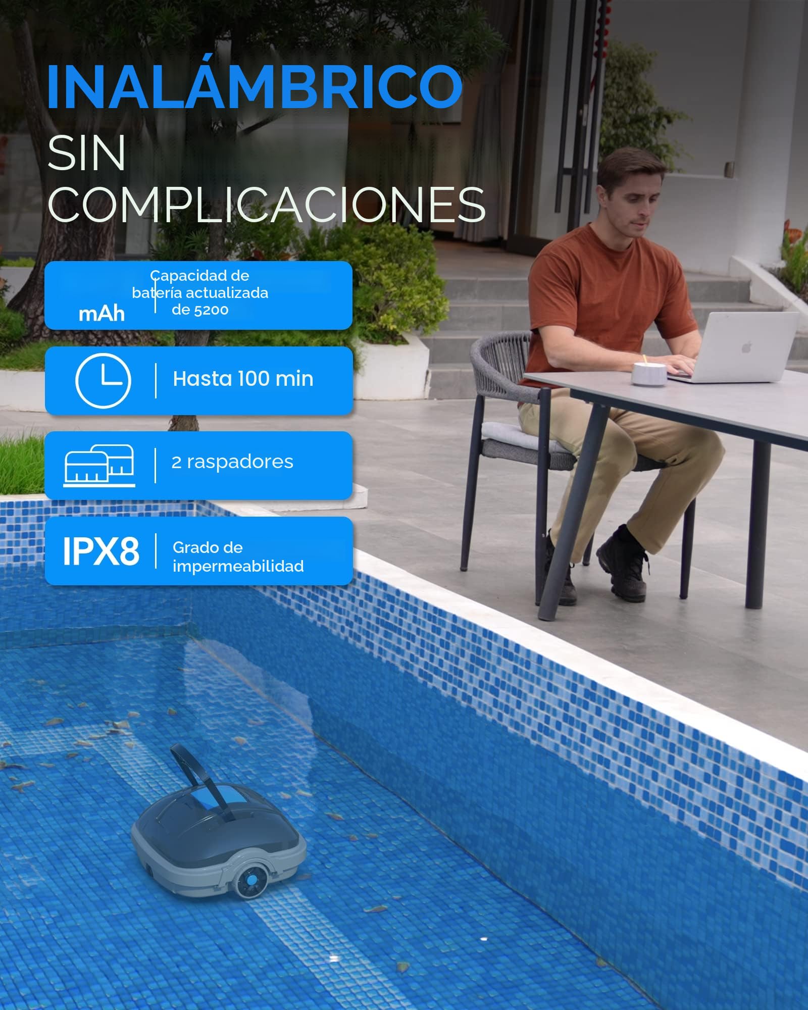 WYBOT Robot Limpiafondos Piscina Electrico sin Cable para Aspirador Piscinas de hasta 80m², 100 Mins Estacionamiento Automático, Robot Limpiafondos Piscina con Motores de Doble Tracción Gris Oscuro