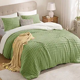downluxe Conjunto de edredom Queen fofo de lã de ovelha e lã bufante - verde claro, conjunto de cama quente super macio para o inverno (1 edredom, 2 fronhas)