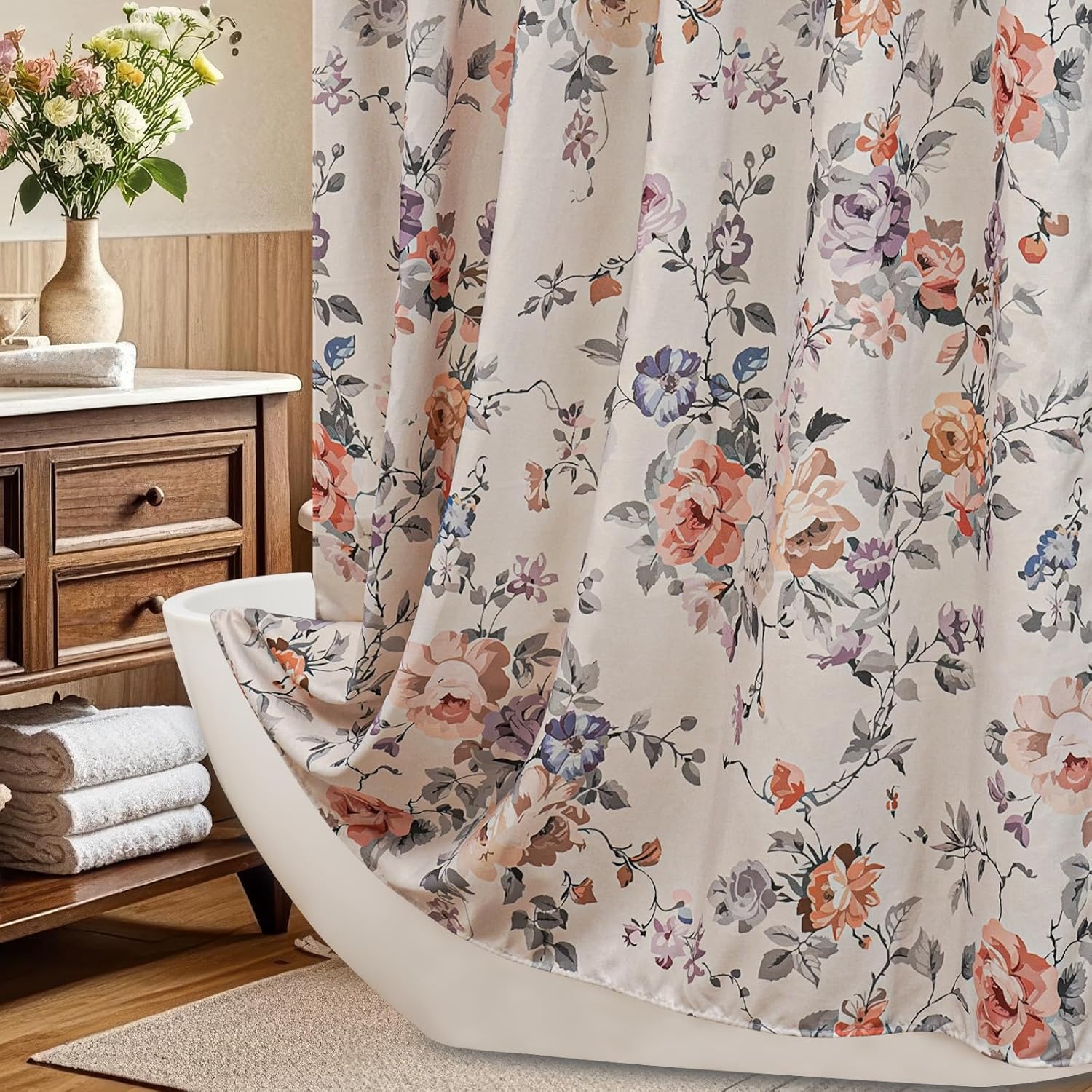 Victorian Colorful Floral Shower Curtain Linen, Boho Flower Shower Curtain 72x78, Luxury Elegant Chic Farmhouse Spring Bathroom Decor for Shower