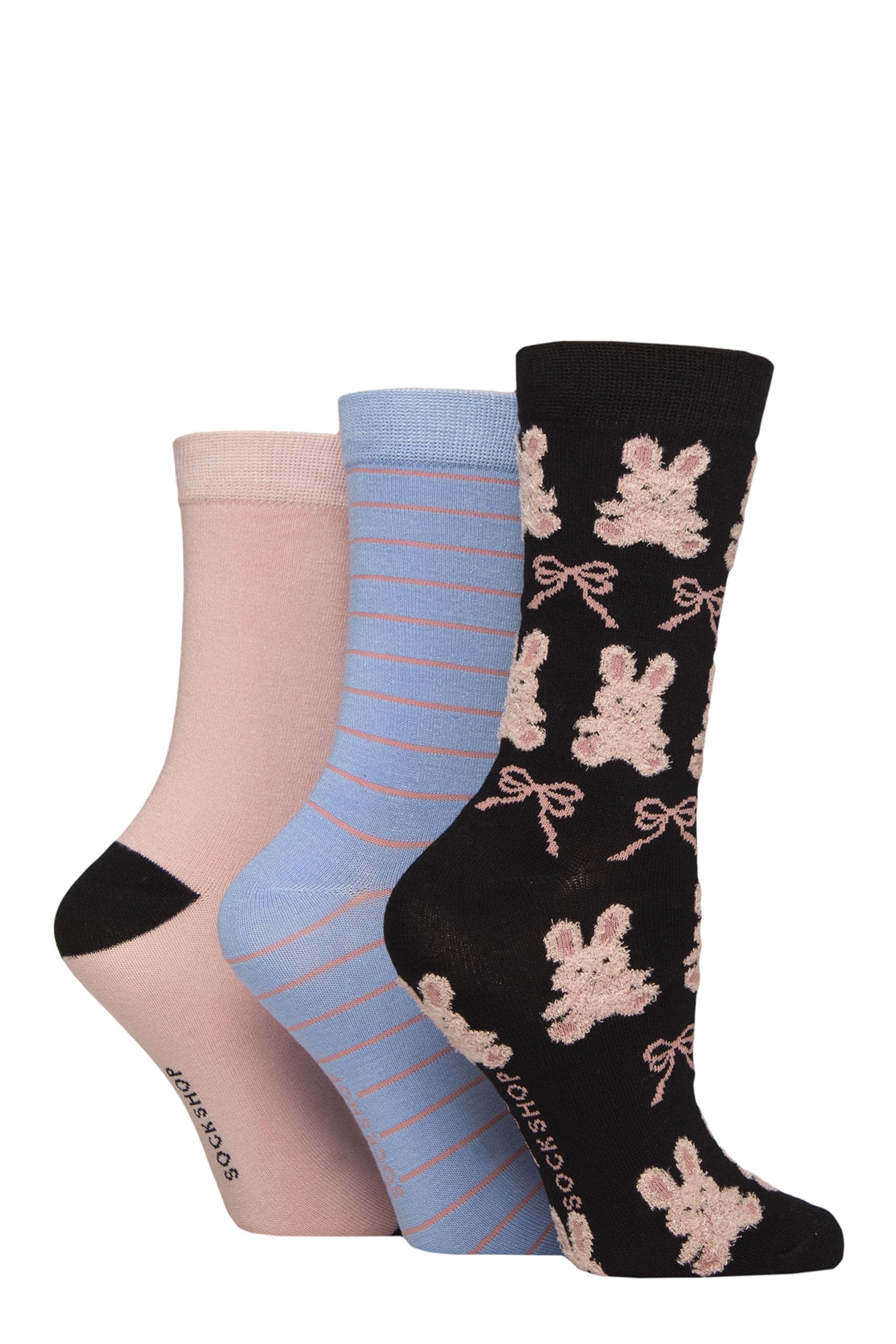 SockShop Ladies Soft, Cooling & Breathable Bamboo Feather Textured Patterned Socks in a Multipack of 3 Pairs Size 4-8 (UK, Numeric, 4, 8, Regular, Regular, Bows & Bunnies)