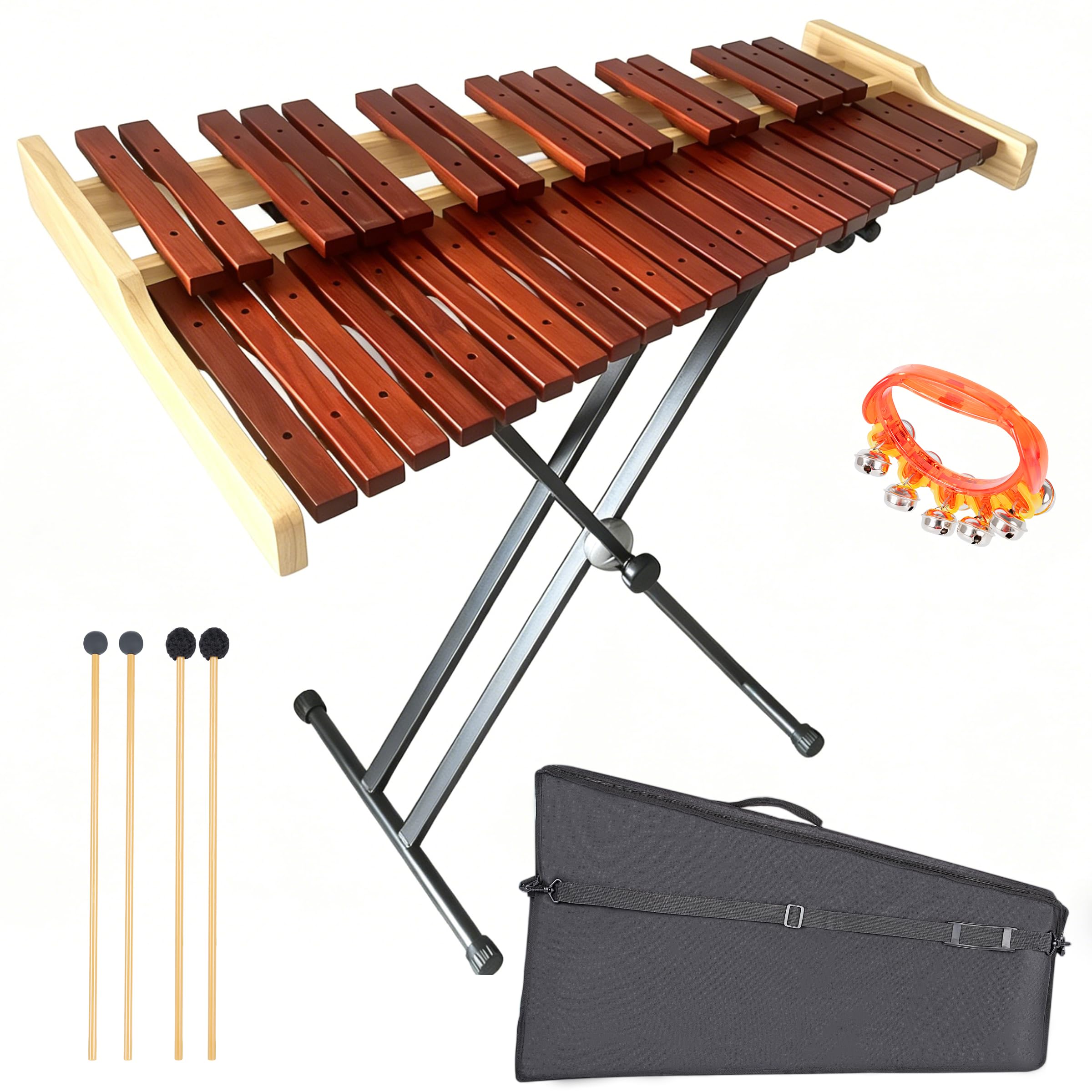 37 Note Xylophone Professional Wooden Glockenspiel, Upgraded Arched Frame for Better Resonance, with Height Adjustable Stand, 4 Mallets, Hand Bell and Carry Bag (Natural)
