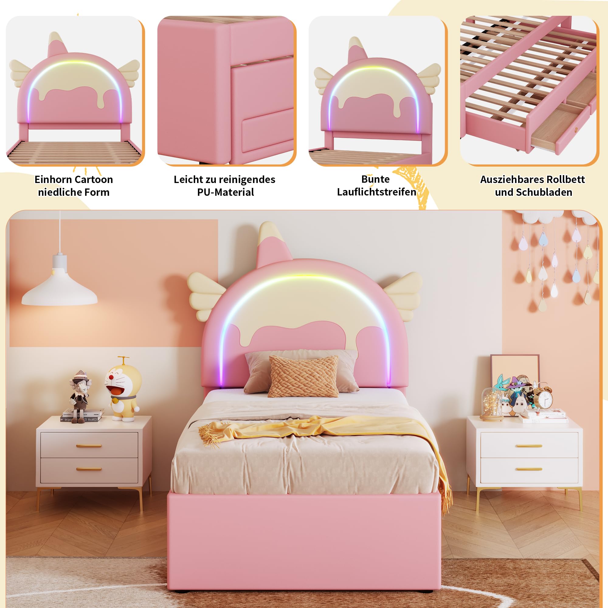 Cama Nido 90x200 cm Rosa con diseño de Unicornio y Cama extraíble con Ruedas cajones Inferiores Cama tapizada Cama Individual para Dormitorio Juvenil y Dormitorio