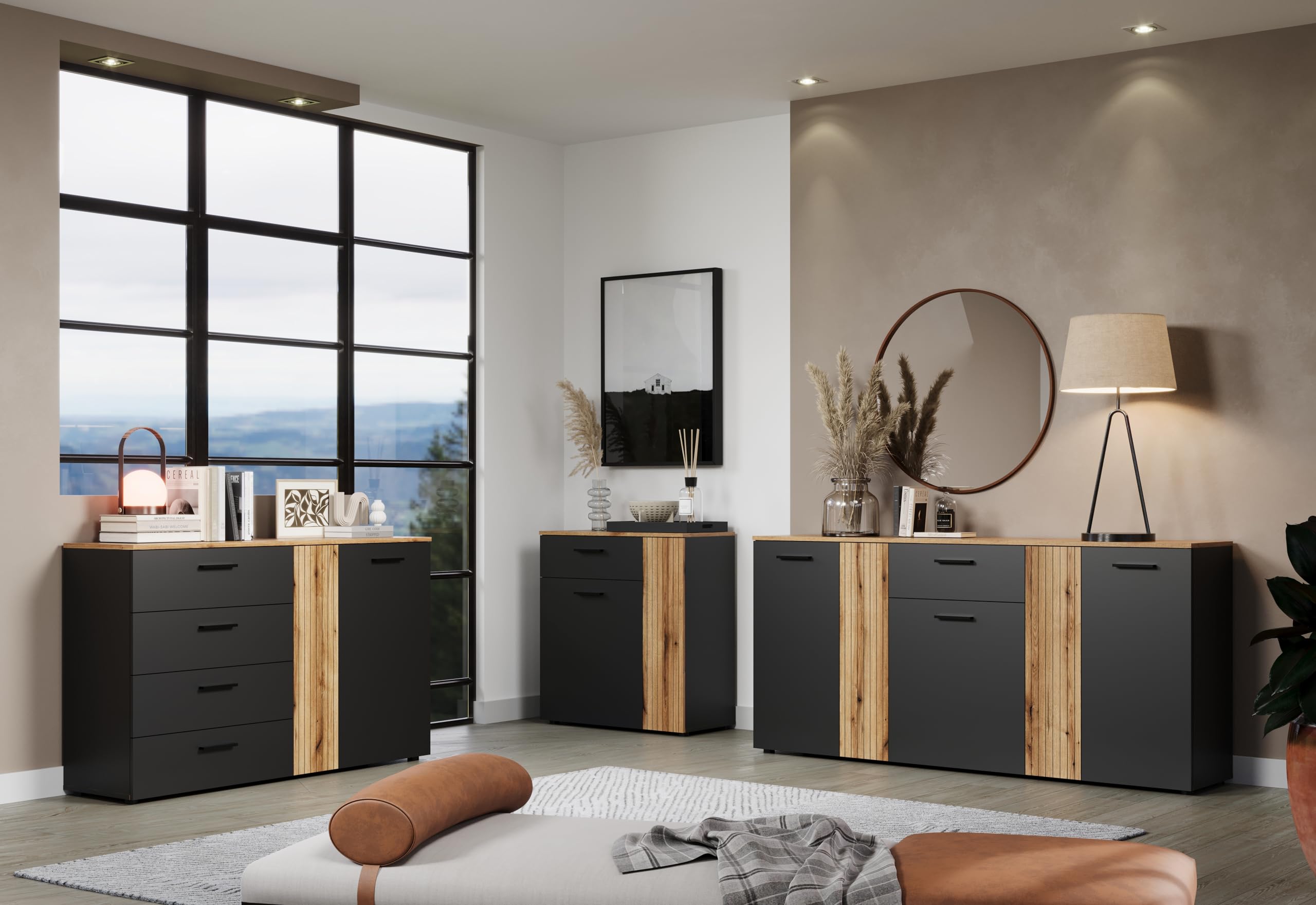 trendteam smart living Esteban Kommode Anthrazit/Evoke Eiche Wohnzimmermöbel mit 4 Vollauszug-Schubladen (BxHxT) 139 x 86 x 38 cm Rillenoptik