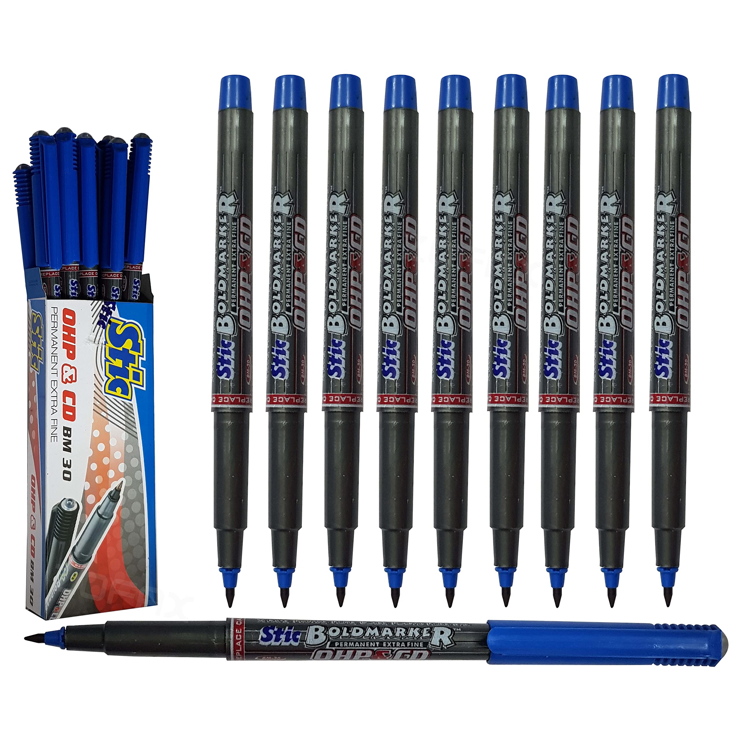 BM30 Permanent Markers, BLUE, Extra Fine Point, Pack of 10, CD/DVD/OHP Marker Pens, Mark Write Draw Sketch, Waterproof Ink, iZOFAX Black Ball Pen