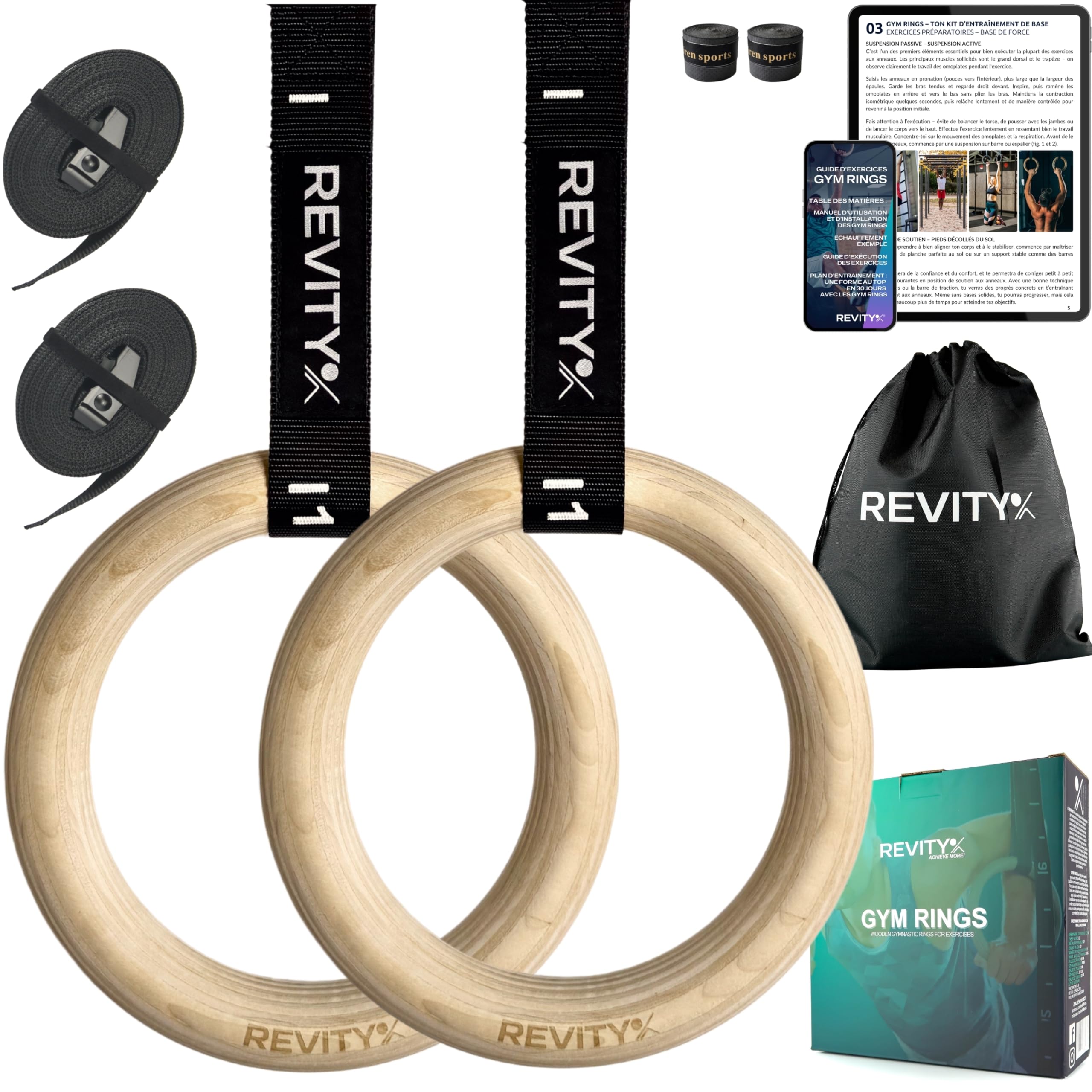 Anneaux Gymnastique en Bois - Anneaux Olympiques 32 mm pour Musculation, Crossfit et Calisthenics, 450 cm Facilement Réglables Sangles de Suspension avec Marquages, Bandes de Grip, Guide PDF