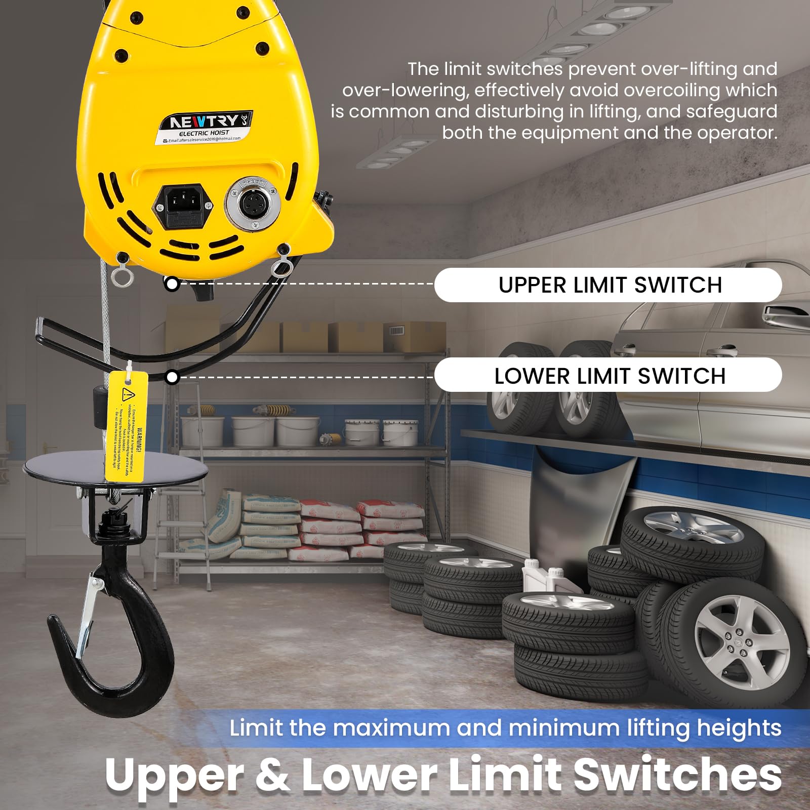 NEWTRY 300KG Treuil électrique 1600W Moteur 19M/min Ascenseur rapide Hauteur de levage max. 30 mètres, 2 en 1 commande par câble et télécommande pour garage, atelier Ascenseur de matériel 220V CE