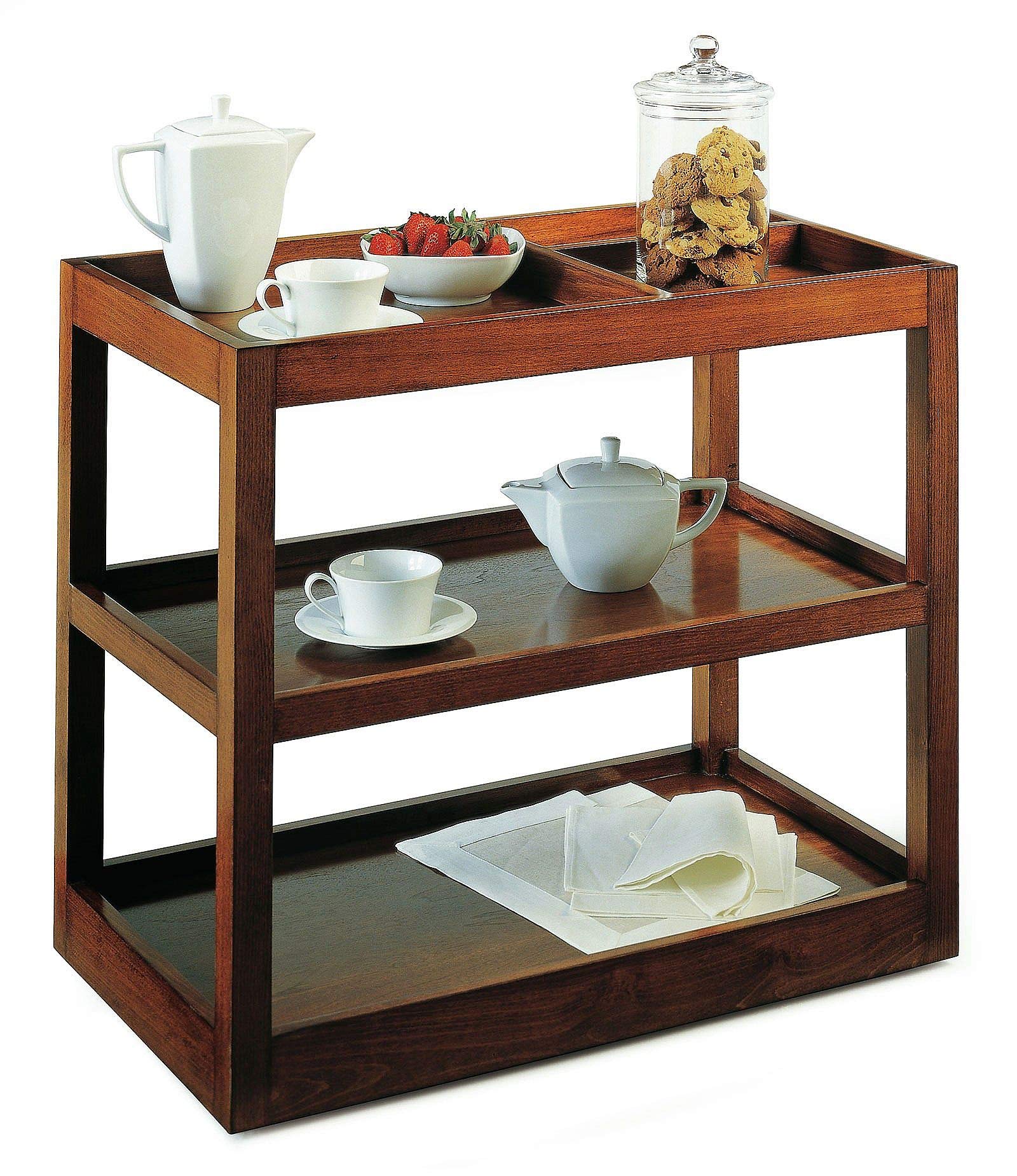 Genuine Decor Tea-bar Table Three Shelves Wooden 3-Tier Rolling Cart Large Trolley with Wheels, Wood Polish Solid Wooden Bar Serving Trolley