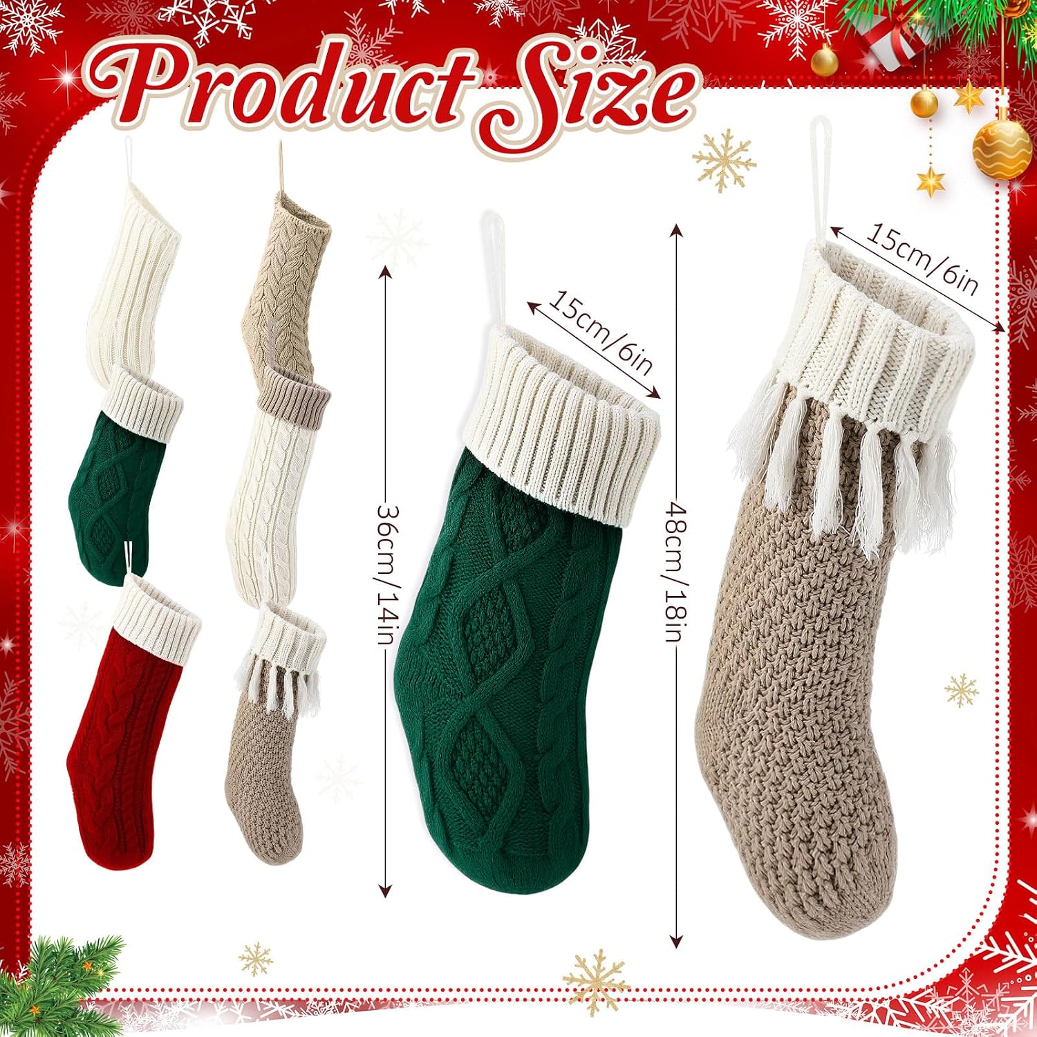 Chicingyou 6 Pcs Christmas Stockings 18" 14'' Cable Knit Neutral Stockings Rustic Farmhouse Fireplace Christmas Ornaments Handmade Boho Knit Socks for Mantel Tree Wall Holiday Decor(Two-Tone)