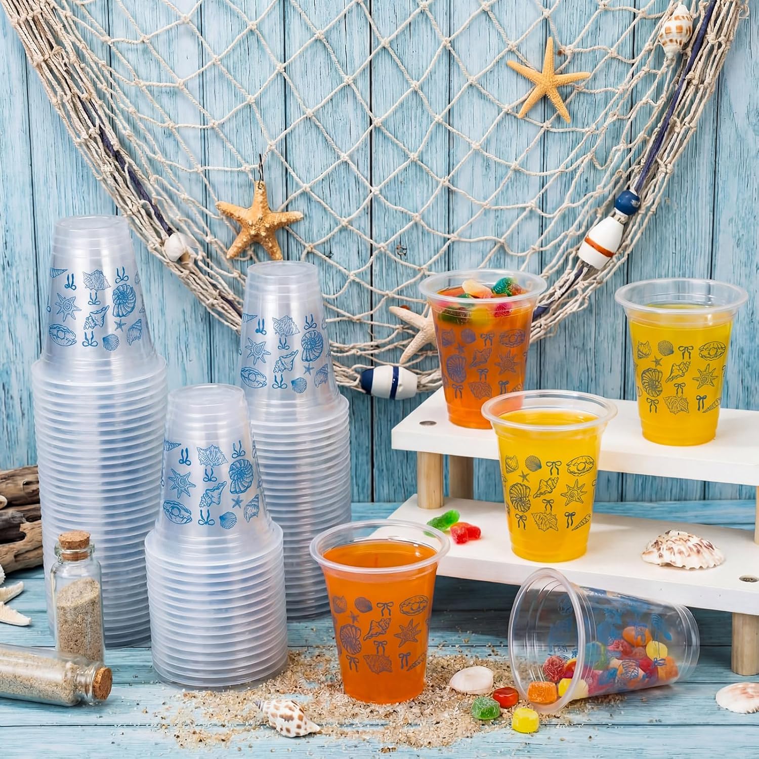 Qinyoung 100 Pcs Blue Bow Seashell Cups Summer Beach Party Decoration 12 oz Ocean Themed Disposable Plastic Drinkware Coquette Coastal Drinking Cups for Birthday Bachelorette Bridal Supplies
