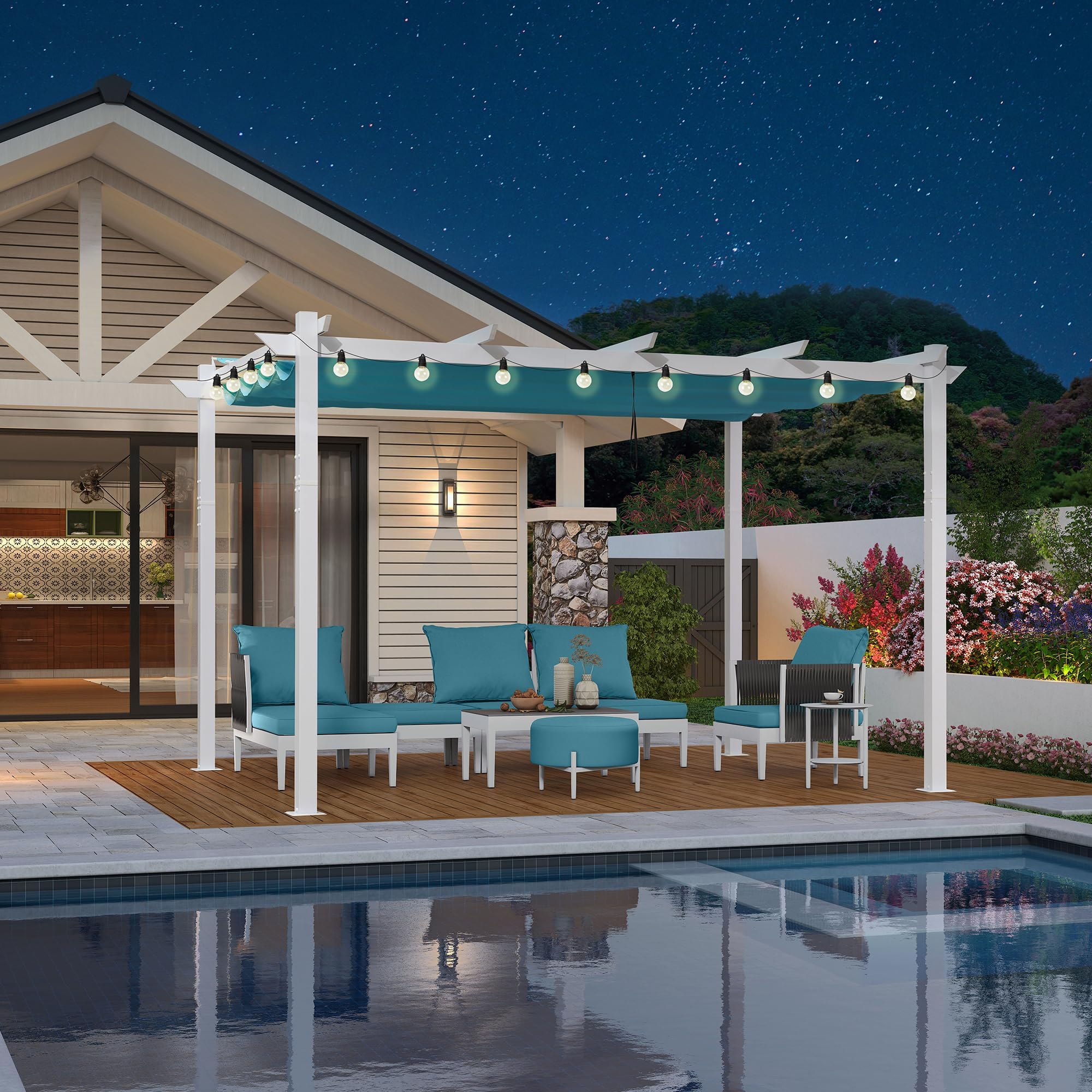 PURPLE LEAF 10' x 13' Outdoor Aluminum Pergola White Heavy-Duty Retractable Pergola Patio Metal with Double Sun Shade Canopy and String Lights for Backyard Gardens Deck, Blue