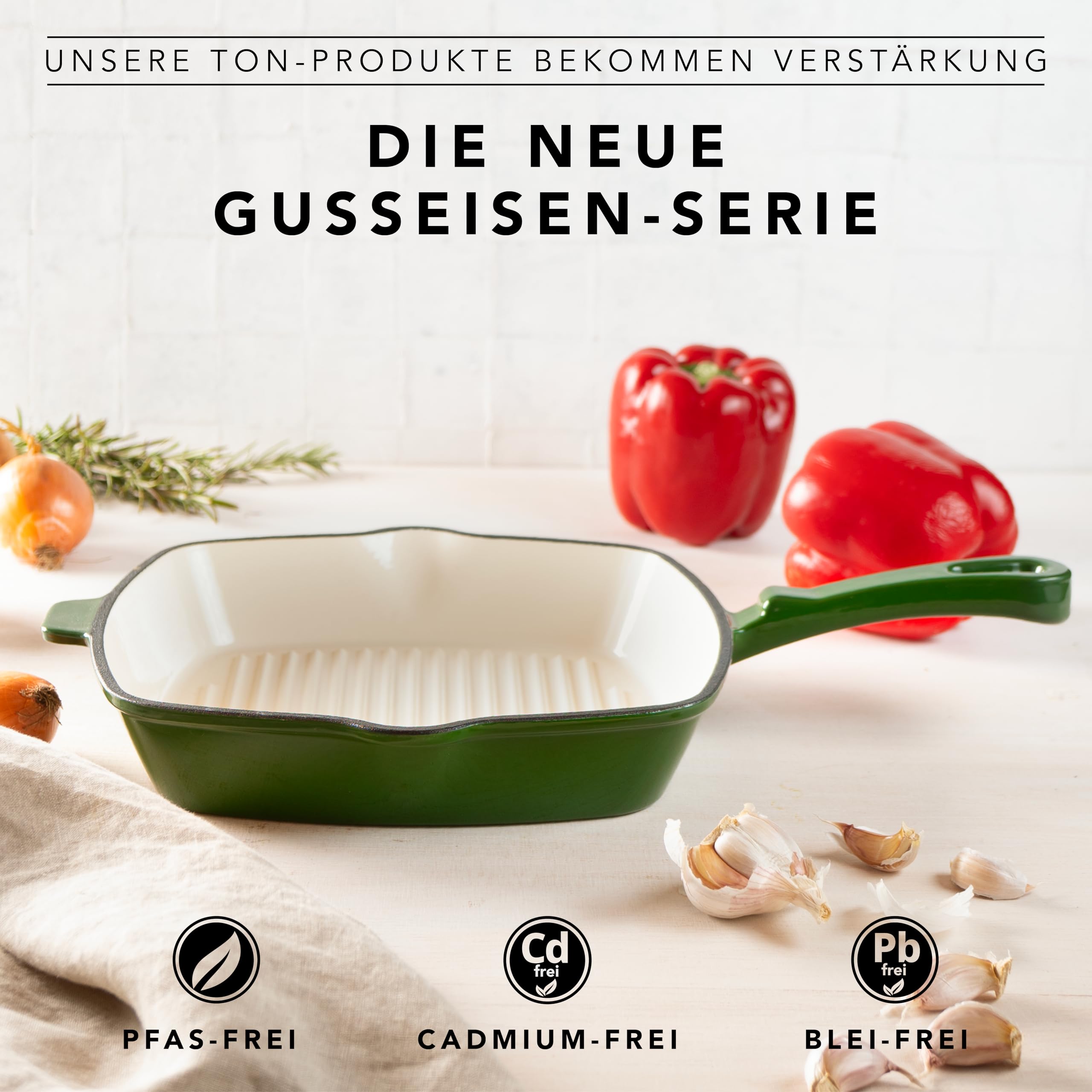 Römertopf Poêle carrée en fonte 24 cm – Poêle à steak avec revêtement émaillé, tous les types de feux, y compris l'induction, passe au four 250 °C, rôtir sans graisse, sans PFAS, vert foncé