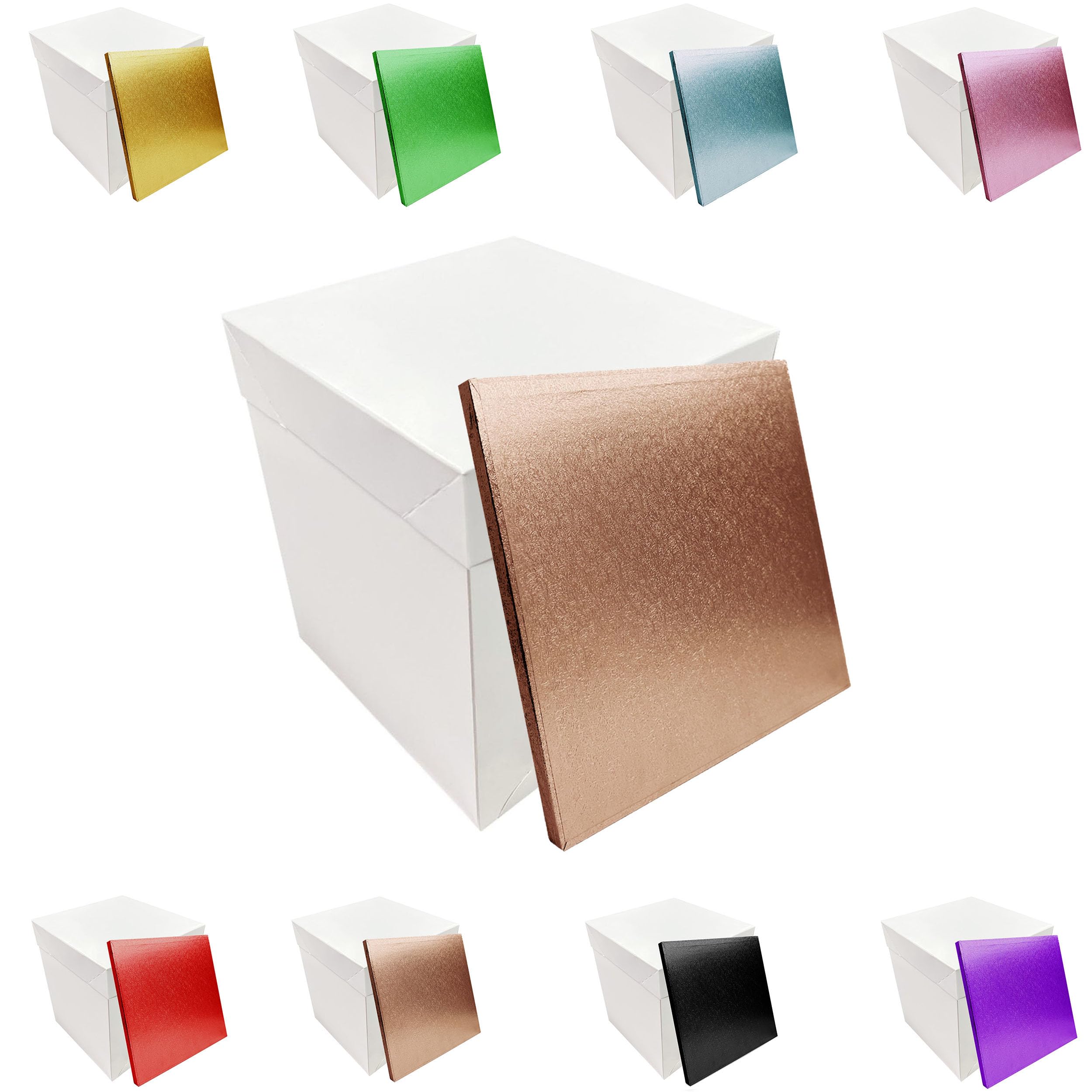 LARRYROO Tall White Extra Deep Cake Box + Lid & Square Colour Cake Drum Board Combo Pack for High Celebration, Wedding, Birthday Cakes (Rose Gold, 14 Inch)
