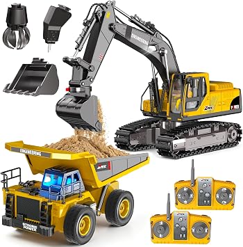 Remote Control Excavator and Dump Truck Toy Set for Kids, 2.4GHz RC Construction Vehicles with Light, Sound Effects, Metal Bucket, Claw and Drill Attachments, Engineering Truck Toys for Boys and Girls