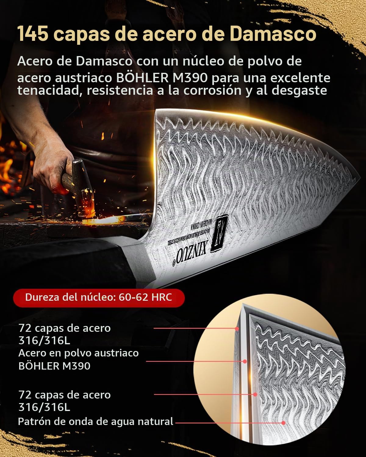 XINZUO 21,5cm Cuchillo de Cocinero de 145 Capas de Acero de Damasco Forjado a Mano Profesional Cuchillo Chef de Cocina -Acero en Polvo M390 de Austriaco -Mango de Resina de Fibra de Carbono Negra
