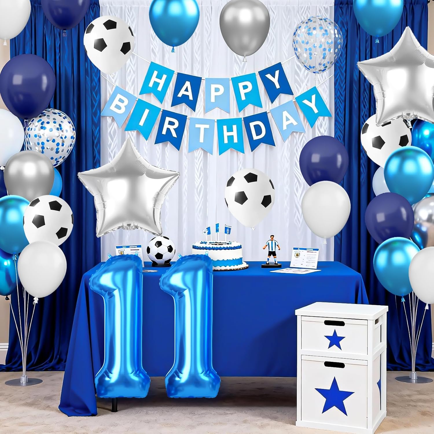 Soccer Birthday Party Decorations, 11th Party Decorations Supplies for Boys, 11th Soccer Birthday Decoration Set with HAPPY BIRTHDAY Banner 32in Blue Foil Mylar 11 Balloon - Image 5