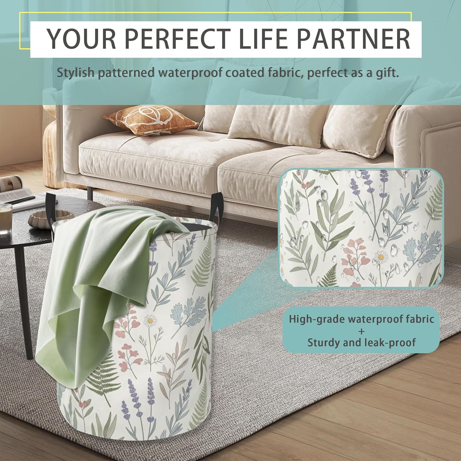 Laundry Basket With Handle, Dirty Clothes Laundry Hamper, Oxford Cloth Bin Storage Organizer for Toy Collection (Green Leaves Floral)