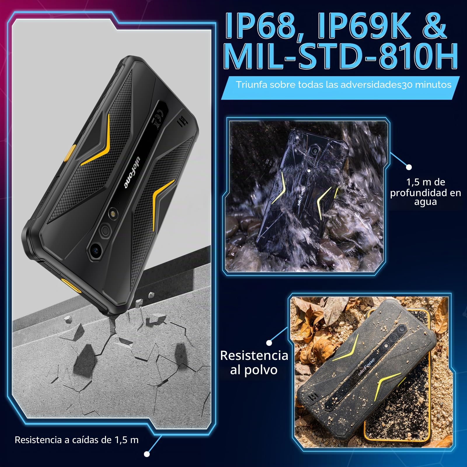 Ulefone Armor X12 Móvil Resistente 2024 Android 13 Go, Teléfono Movil 5,45" HD, 6GB+32GB(256GB SD) Smartphone Robusto, 4860mAh Batería, 13MP+8MP Cámara, IP68/IP69K Doble 4G/NFC/GPS/OTG/Negro