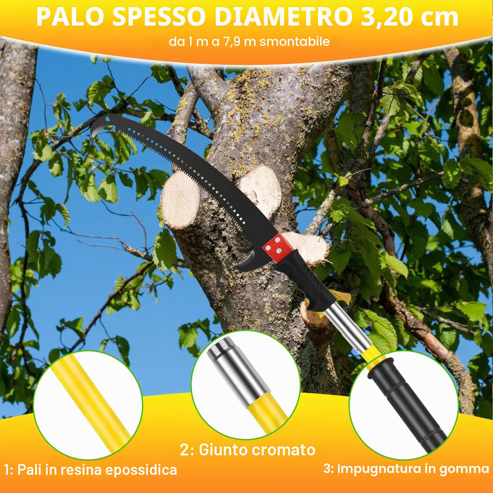 Segaccio Telescopico 8M per Potatura Alberi,Sega Telescopica per Potatura Professionale con Lama in Acciaio al Carbonio,Seghetto Potatura Regolabile per Tagliare Rami Alti, Palma,Giardinaggio