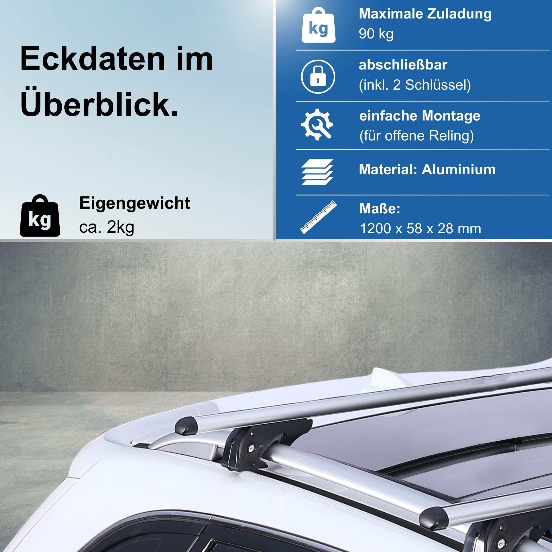 Dachgepäckträger Auto - Dachträger Universal Lion 1 | Auto Dachträger offene Reling | Dachträger für Reling abschließbar | Aluminium Grundträger Dachreling bis 90kg - 120 cm Länge