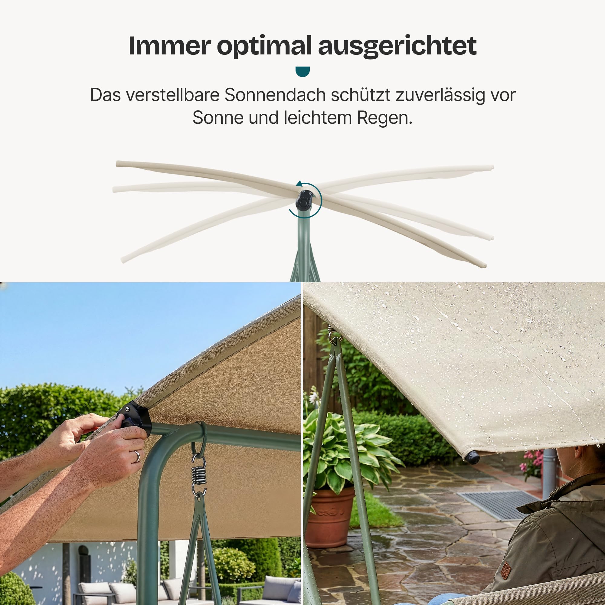 [en.casa] Hollywoodschaukel 3 Sitzer Satten Gartenschaukel Outdoor mit Gestell max. 220 kg mit Dach wetterfest Schaukelbank Balkon 173 x 119 x 153 cm Hellgrün/Beige