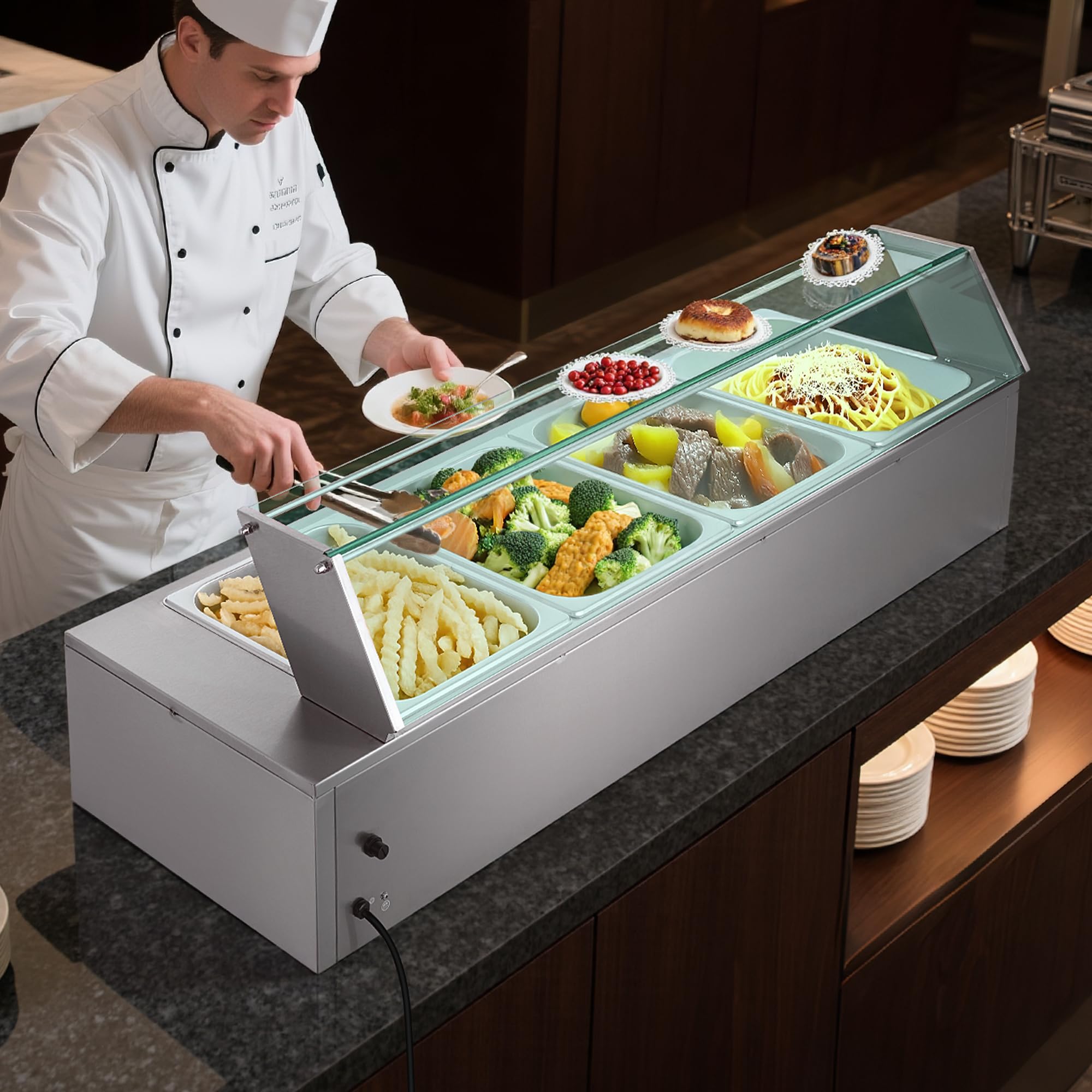 VEVOR Elektryczny podgrzewacz do żywności ze stali nierdzewnej 1500 W z parą i szklaną pokrywą, 4 tace, kąpiel wodna z łyżkami, do restauracji i na imprezy, 1185 x 365 x 385 mm, srebrny