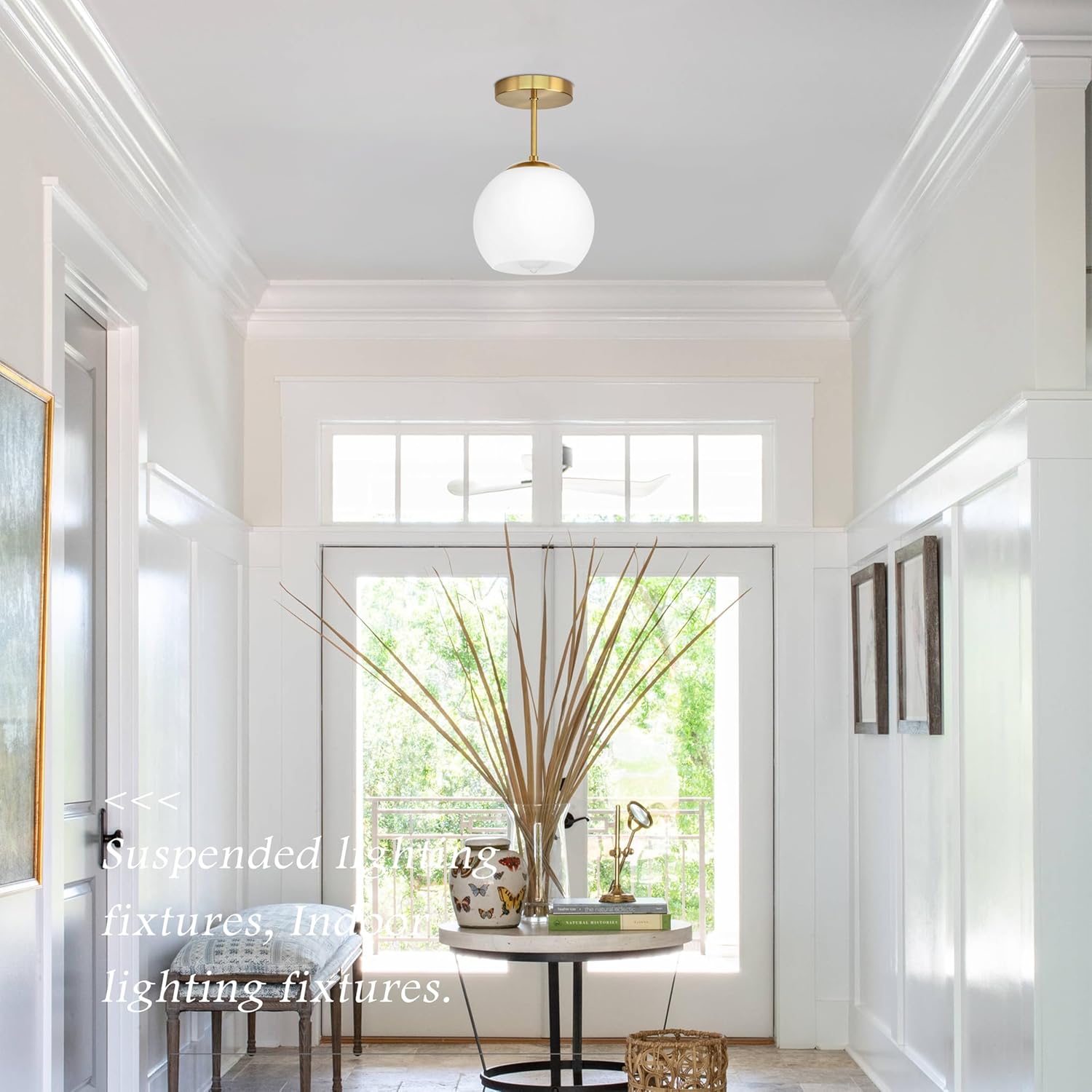 Bagood Gold Semi Flush Mount Ceiling Light Fixture Milk Glass Light Fixture Mid Century Flush Mount Ceiling Lights Brass Flush Mount Ceiling Schoolhouse Lights for Dining Room(Bulb Incl.)