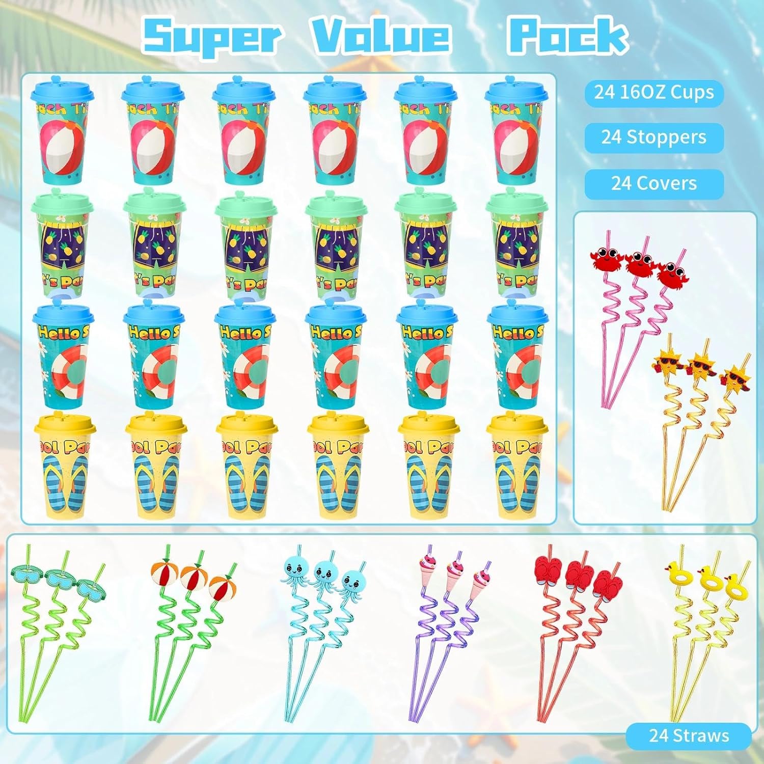 24Pcs Beach Pool Birthday Party Decorations Cups with Summer Silly Straws, 16OZ Pool Reusable Plastic Cups with Lids, Summer Party Favors Supplies Decor for Kids