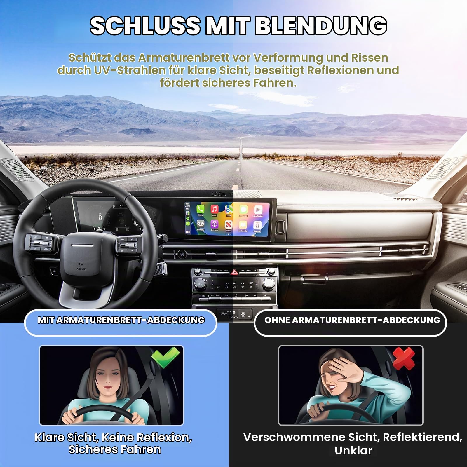 Sunsdrew Armaturenbrett-Abdeckung für Hyundai Santa Fe MX5 2024 2025 2026 Armaturenbrett-Abdeckung Matte für Santa Fe Zubehör, Sonnenschutz, Rutschfester Netzschutz, Keine Blendung (mit HUD)