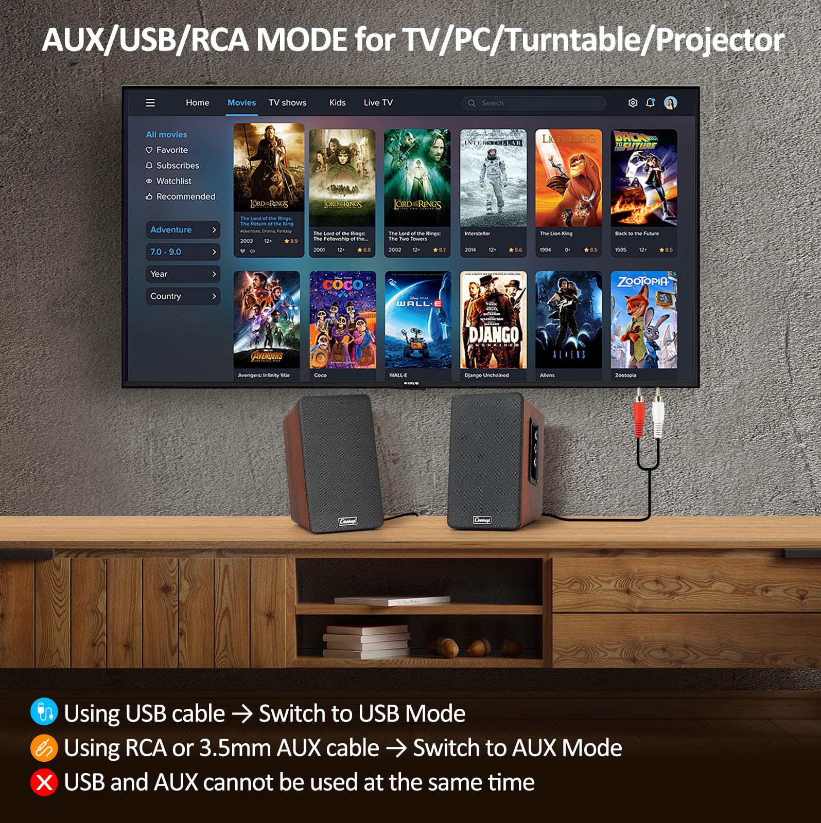 Altavoces de estantería de madera de 50W, altavoces activos 2.0 para ordenador | Entradas: Bluetooth, RCA, AUX (3,5 mm), USB | Altavoces para PC con graves potentes, para TV, portátil, tocadiscos