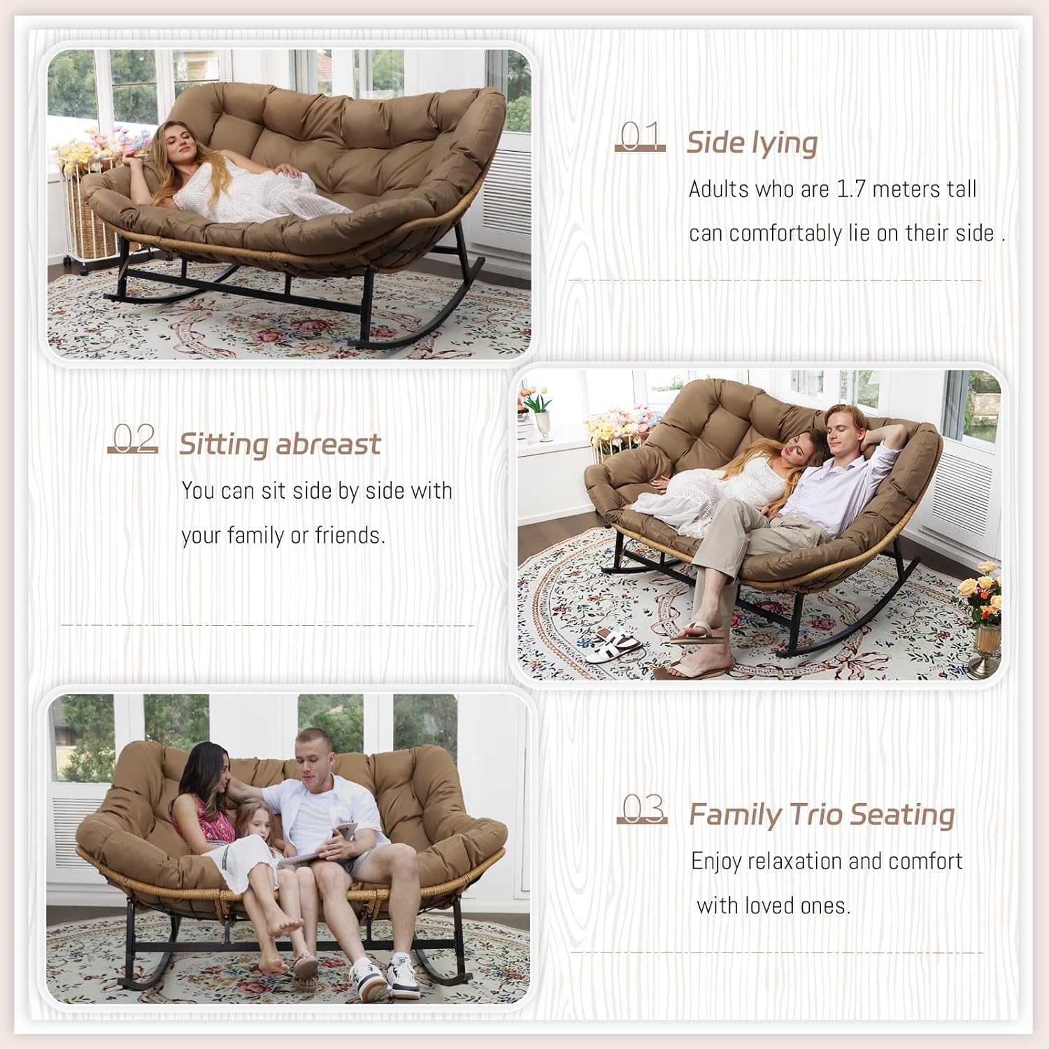 BULEXYARD Double Papasan Rocking Chair Outdoor, 2 Person Oversized Wicker Patio Egg Rocking Chair with Cushion, Heavy Duty Comfy Loveseat for Balcony, Porch, Garden (Brown, 2 Seats w/Ottoman)