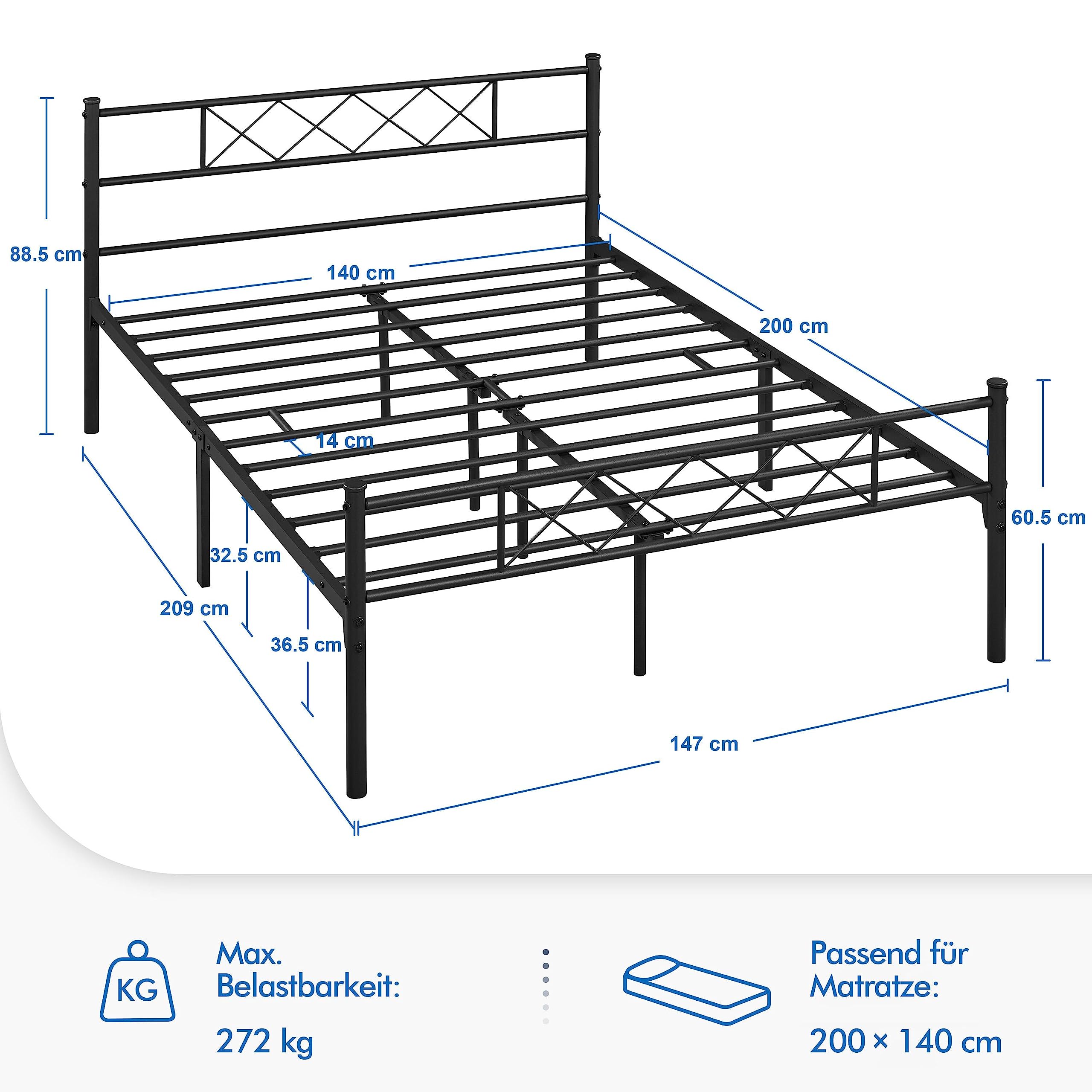 Yaheetech Modern Metallbett 140x200 cm Bettgestelle mit Lattenrost, Doppelbett/Einzelbett, Bettrahmen mit Kopfteil, Gästebett Jugendbett für Schlafzimmer Gästezimmer Schwarz