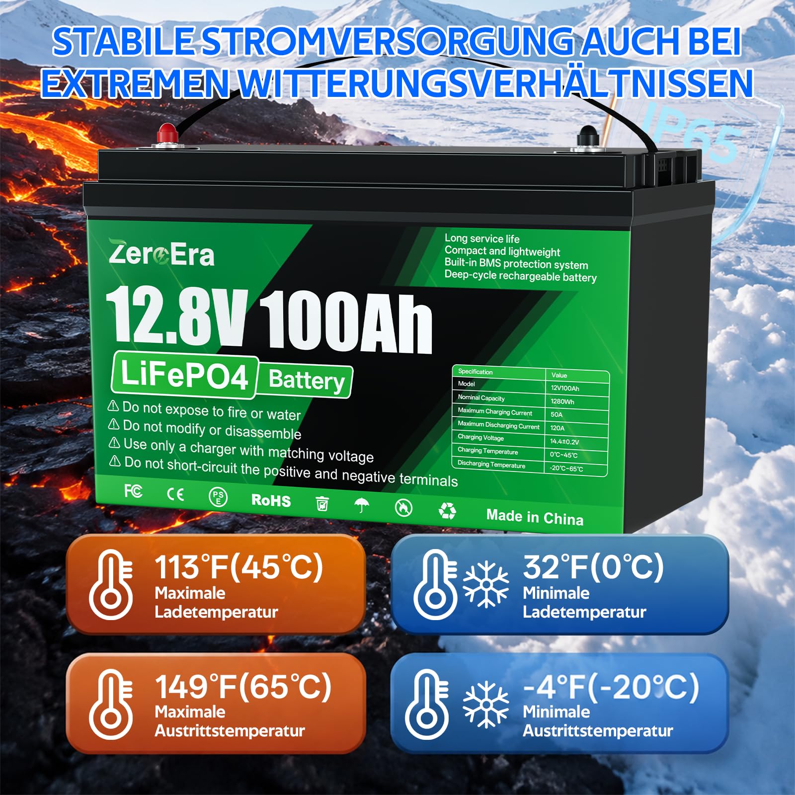 ZeroEra Akumulator LiFePO4 12 V 100 Ah, 1280 Wh, ochrona przed zimnem, 10000-15000 cykli, seria równoległa, RV Boot Off-Grid Solar Storag