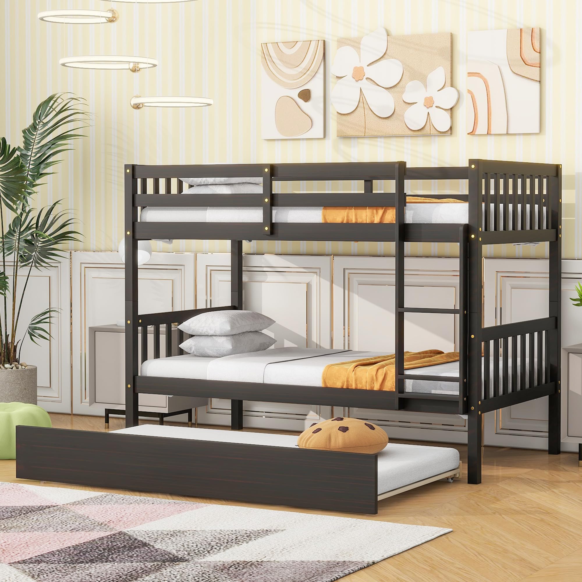 ( Incomplete box 1/2) KEIKI Twin Over Twin Rubber Wood Bunk Bed with Trundle, Convertible into Twin Size Beds, Twin Size Bunk Bed with Ladder and Safety Guardrails,Espresso