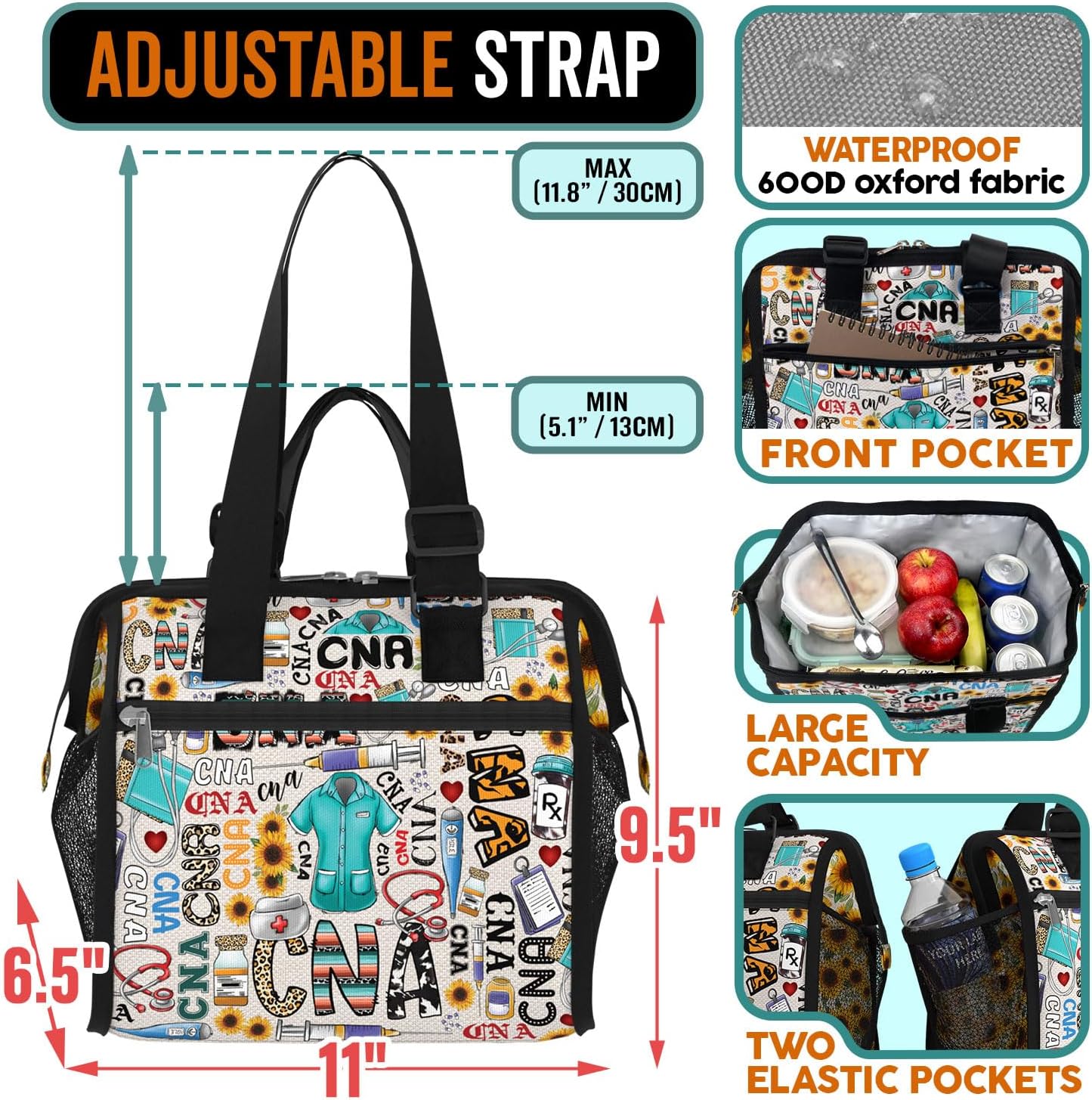 84hoods Large Lunch Bag for Women. Insulated Lunch Box for Work Office Travel Picnic with Adjustable Strap. Gift for CNA Nurse. Sunflower Typography. - Image 3