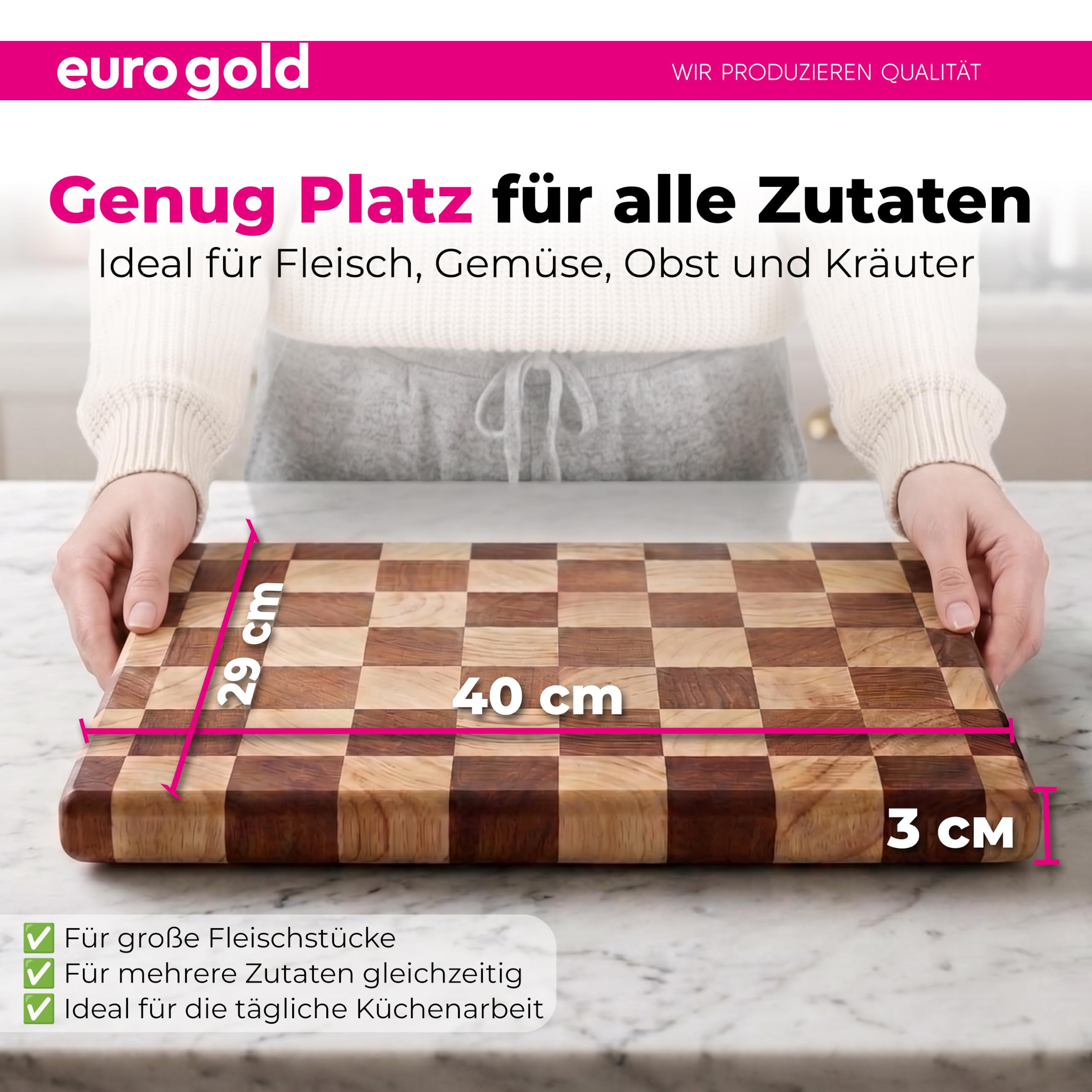 EUROGOLD Schneidebrett aus Gummiholz 40x29x3 cm mit schwarzen Füßen