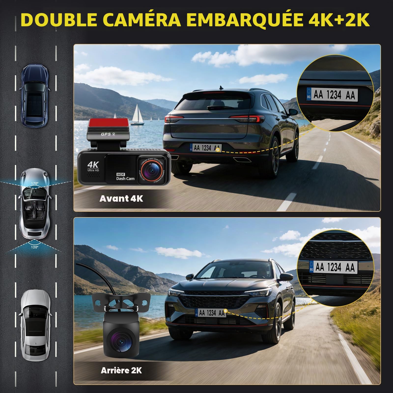 Caméra embarquée, grand angle de 170°, 4K + 2K avant et arrière à l'intérieur, carte 64 Go incluse, contrôle WiFi et application, mode stationnement 24 heures