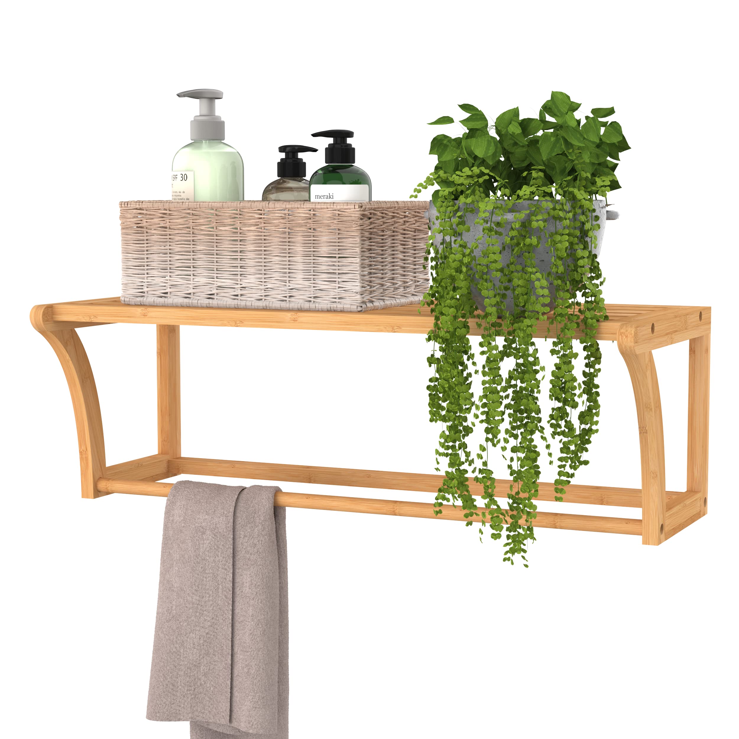ClosetMaid Bamboo Wall Shelf with Towel Bar, Wall Mount Storage Shelves, Organizer Rack, Natural Finish