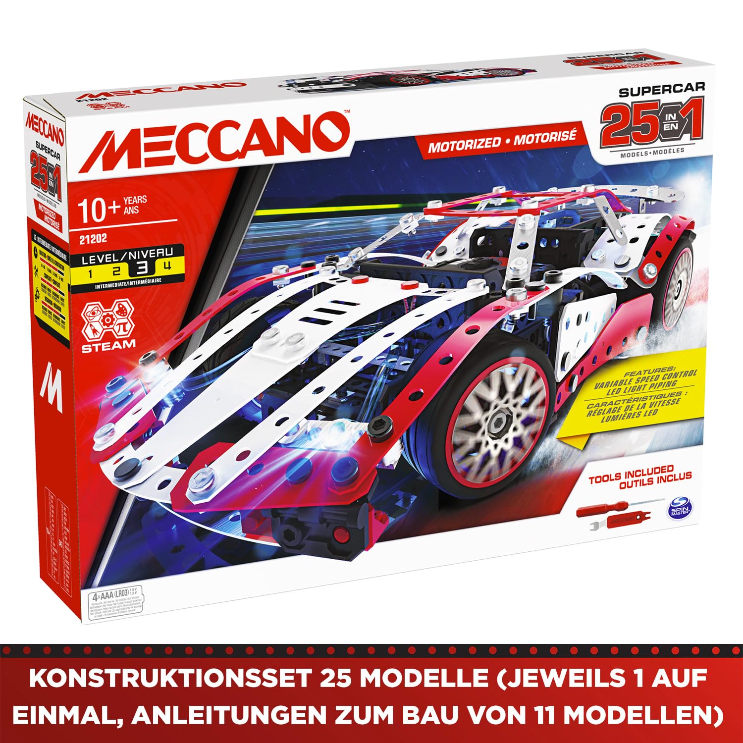 BANDAI - Meccano Supercar 25-in-1 - Konstruktionsset 25 Modelle - 347 Teile inkl. 6-Volt-Motor, LED, Werkzeuge, Anleitung - Aktivitäts-Kit Supercar-Zusammenbau - Spielzeug ab 10 Jahren - APM20105