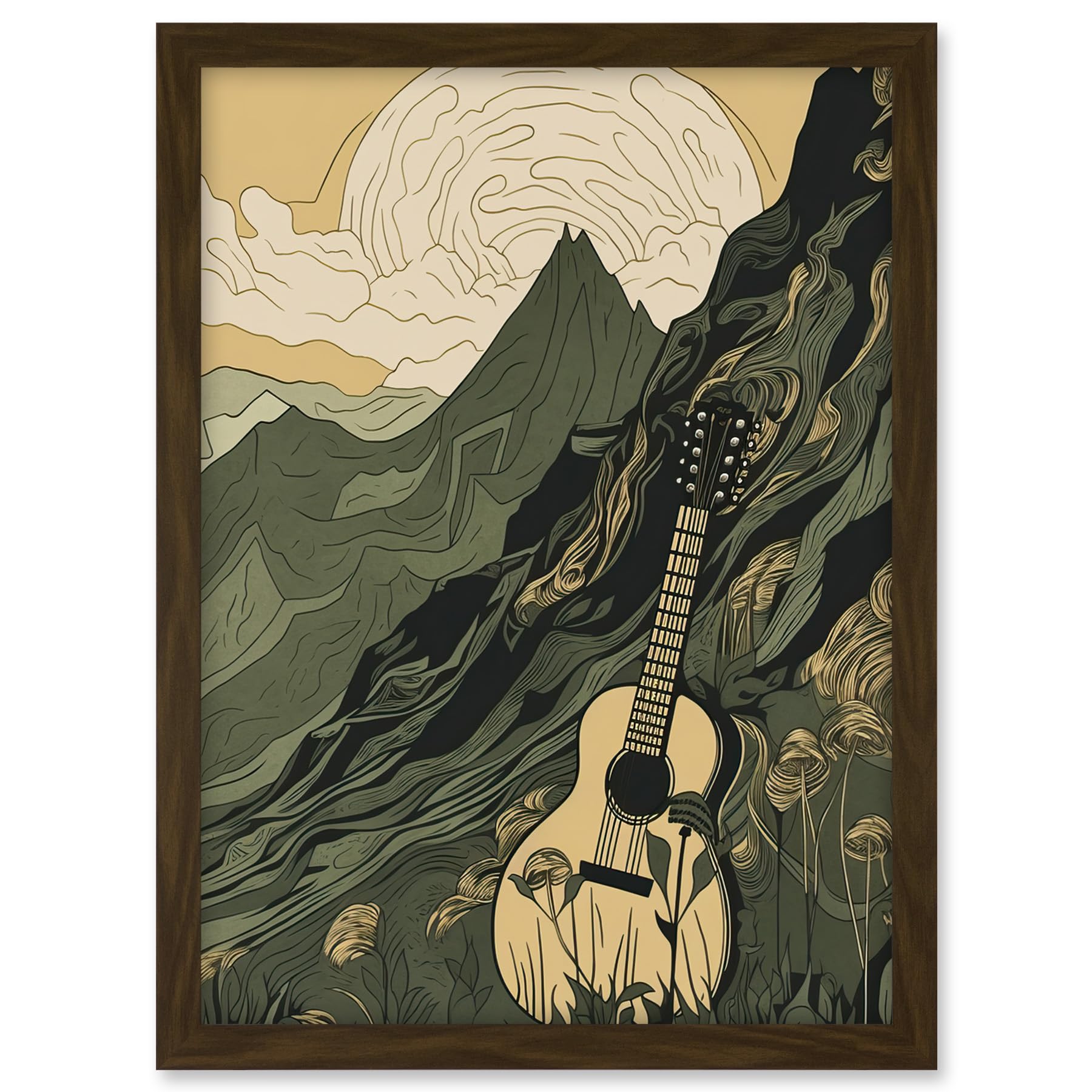 Artery8 Guitar on Mountain Landscape Morning at Campsite Artwork Framed A3 Wall Art Print