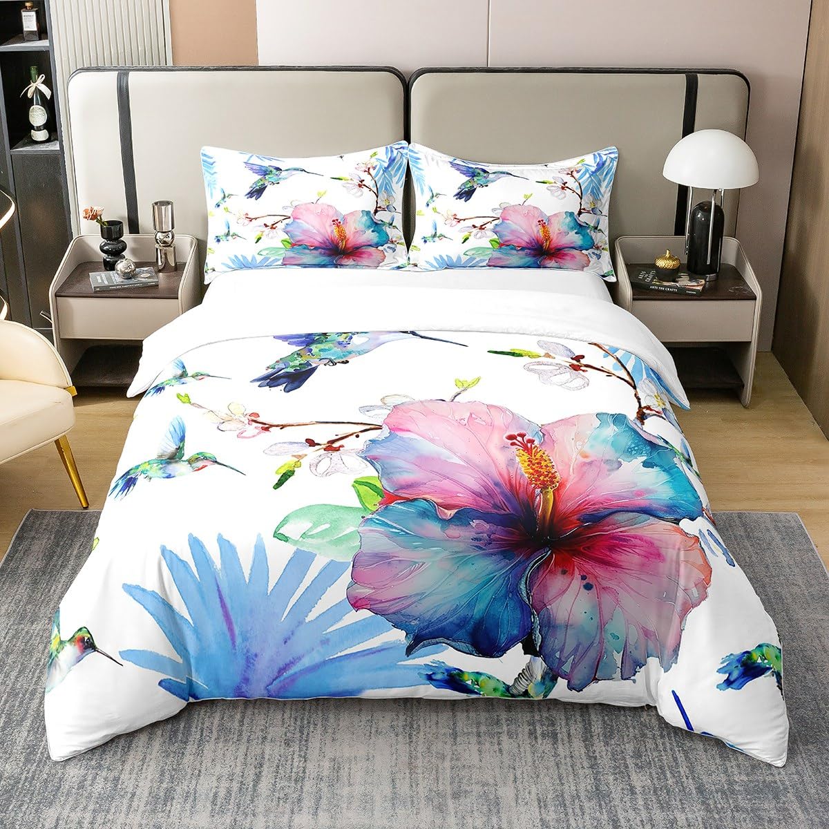 100% Baumwolle Kolibri 220x240 Bettbezug für Mädchen Frauen,Aquarell Floral Bettwäsche Set für Kinder Teens Erwachsene,Boho Tie Dye Vogel Tröster Abdeckung,Wilde Tier Wildlife Blumen Bettbezug