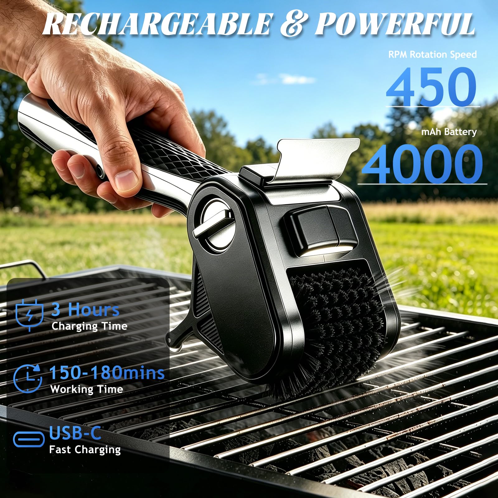 Brosse Électrique pour Barbecue, Brosse Nettoyante Électrique Barbecue sans Fil avec Tête et Grattoir en Acier Inoxydable, 450 TR/Min, 150 Min Autonomie, Gants et Flacon Pulvérisateur Inclus