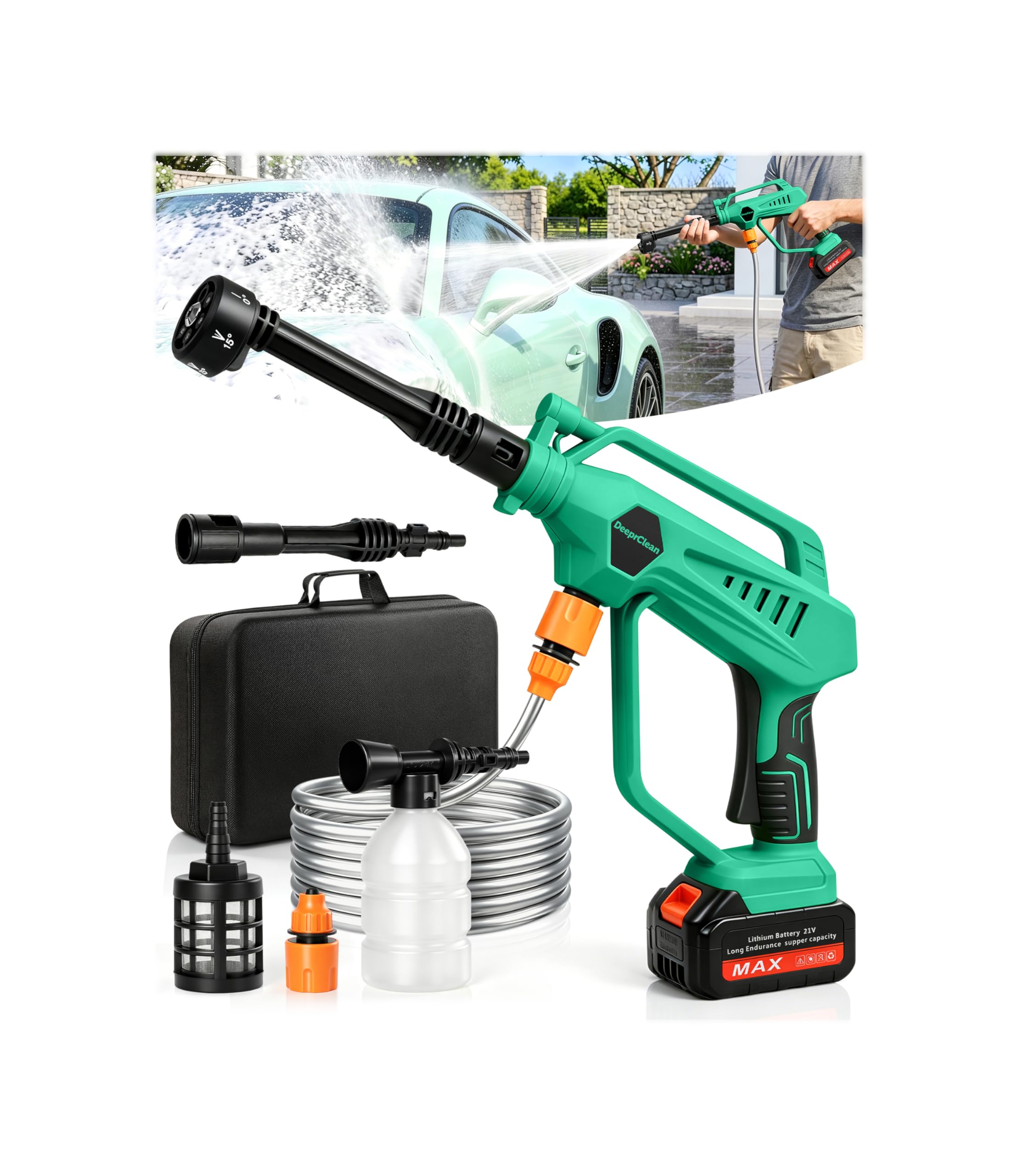 Photo 1 of DeeprClean Cordless Car Washer with 6-in-1 Nozzle, Portable Vehicle Cleaning Tool with Brushless Motor |3 Adjustable Levels & Battery Display | Lightweight Spray Tool for Car, Patio Outdoor Use-Green