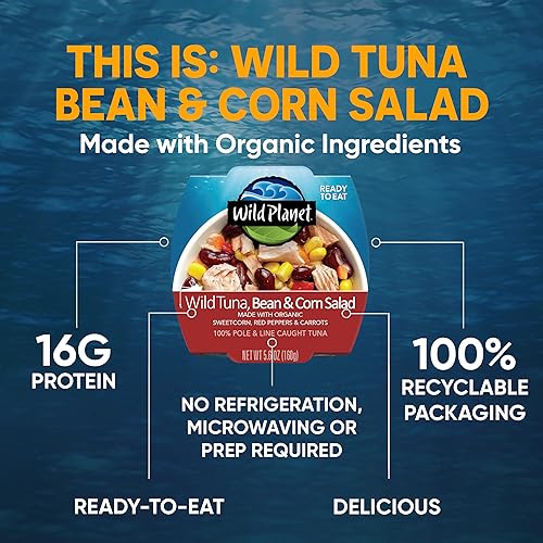 Miniatura 3 de Wild Planet Ensalada de atún silvestre, frijoles y maíz lista para comer con maíz dulce orgánico, pimientos rojos y zanahorias, 5.6 onzas (paquete