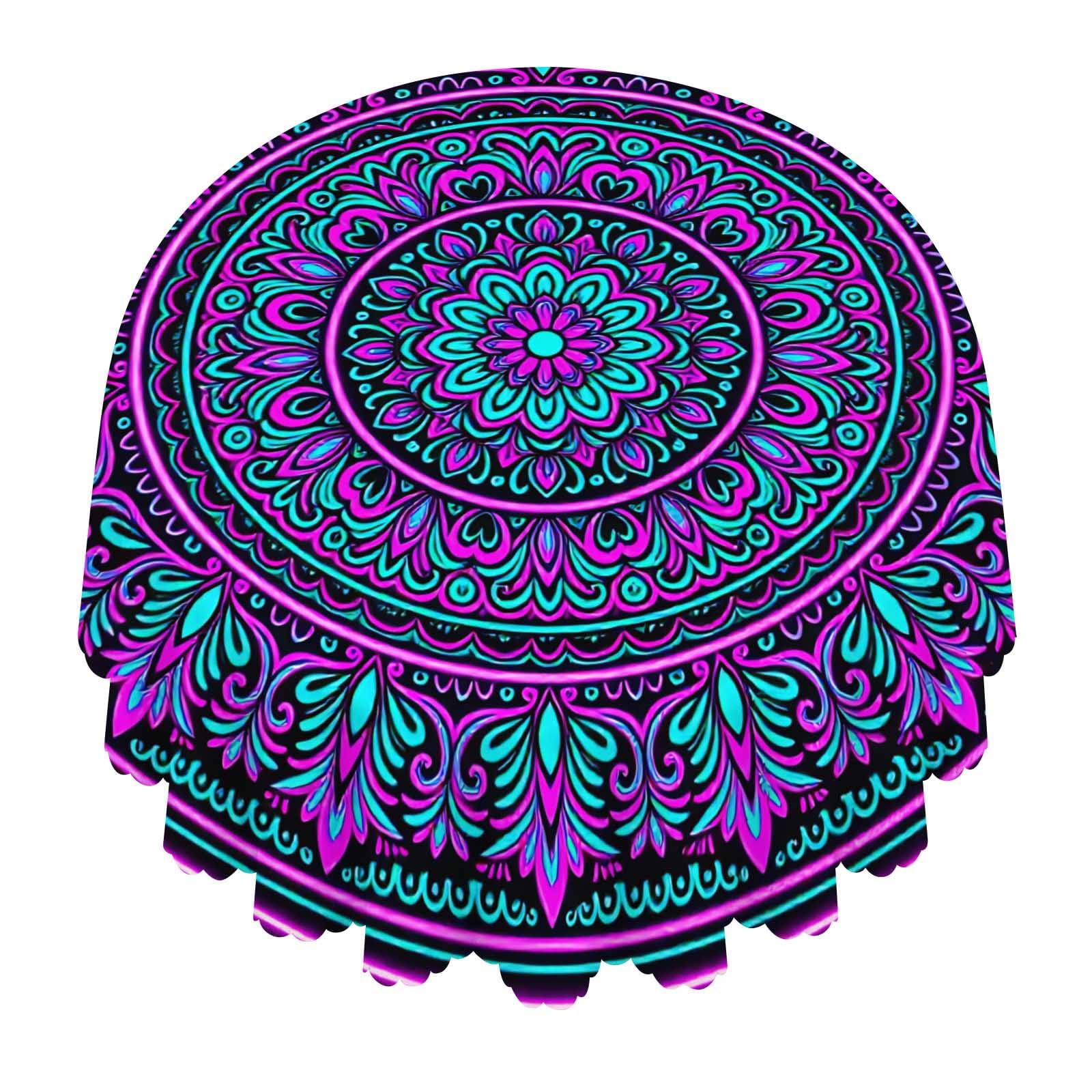 Mandala Purple Cyan Round Tablecloth Waterproof Washable For Dining Party