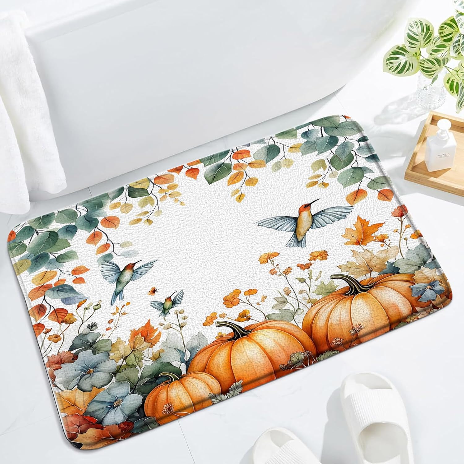 Fall Pumpkin Bath Mat Thanksgiving Watercolor Sage Green Orange Maple Leaves Hummingbird Autumn Harvest Farmhouse Rustic Bathroom Decor