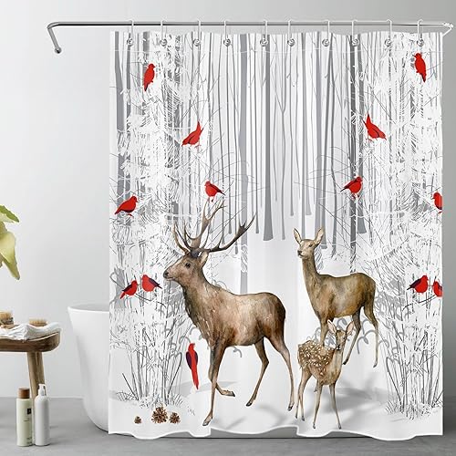 LB Brown Deer Shower Curtain for Bathroom, Christmas Cardinal Forest and White Winter Landscape Fabric Shower Curtain with Hooks, New Year Holiday