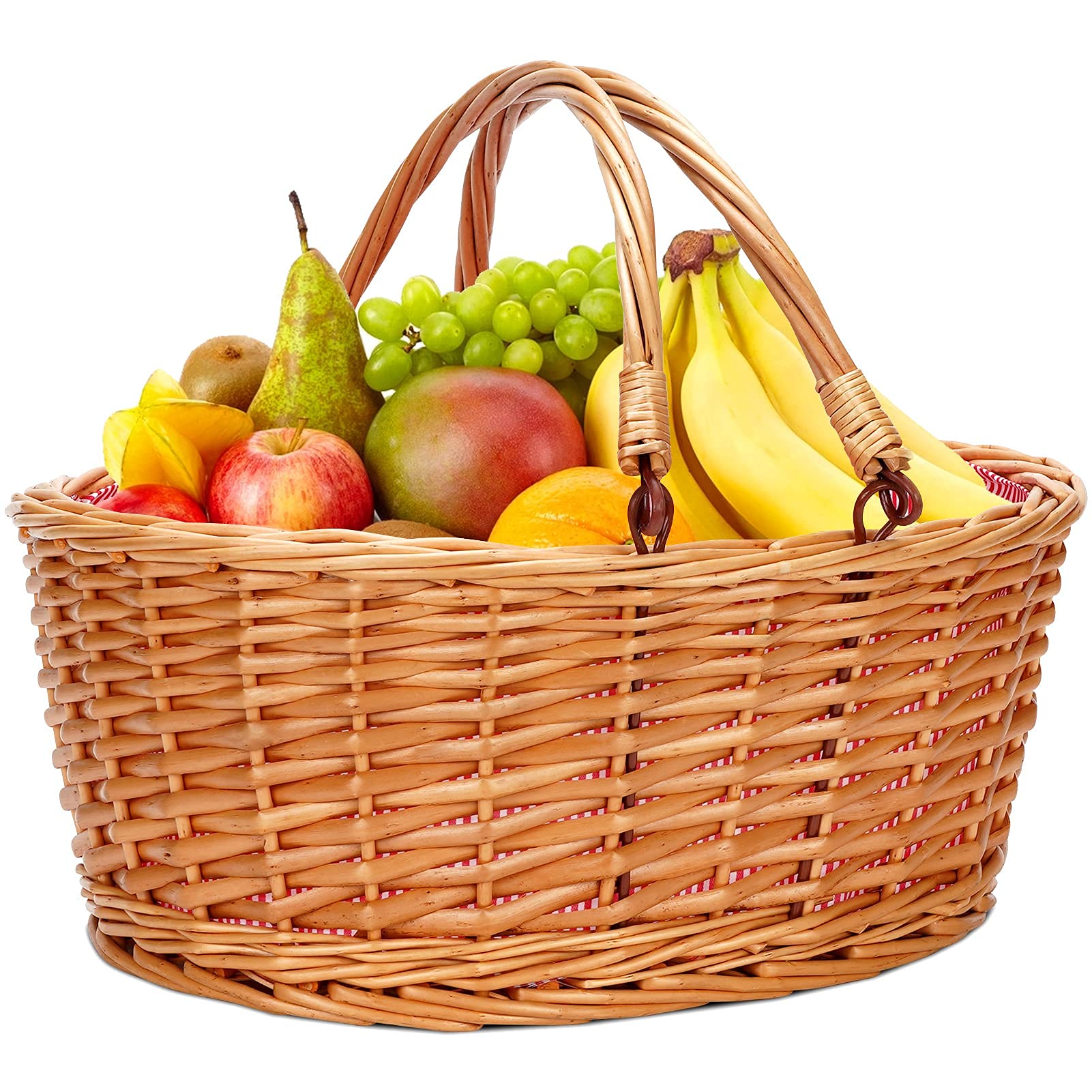 Picknickkorb aus Weidengeflecht mit doppelten, klappbaren Griffen, leerer Korb, günstige Ostereier, Süßigkeiten-Aufbewahrung, Blumen, Hochzeitsgeschenke (rot gestreift L)