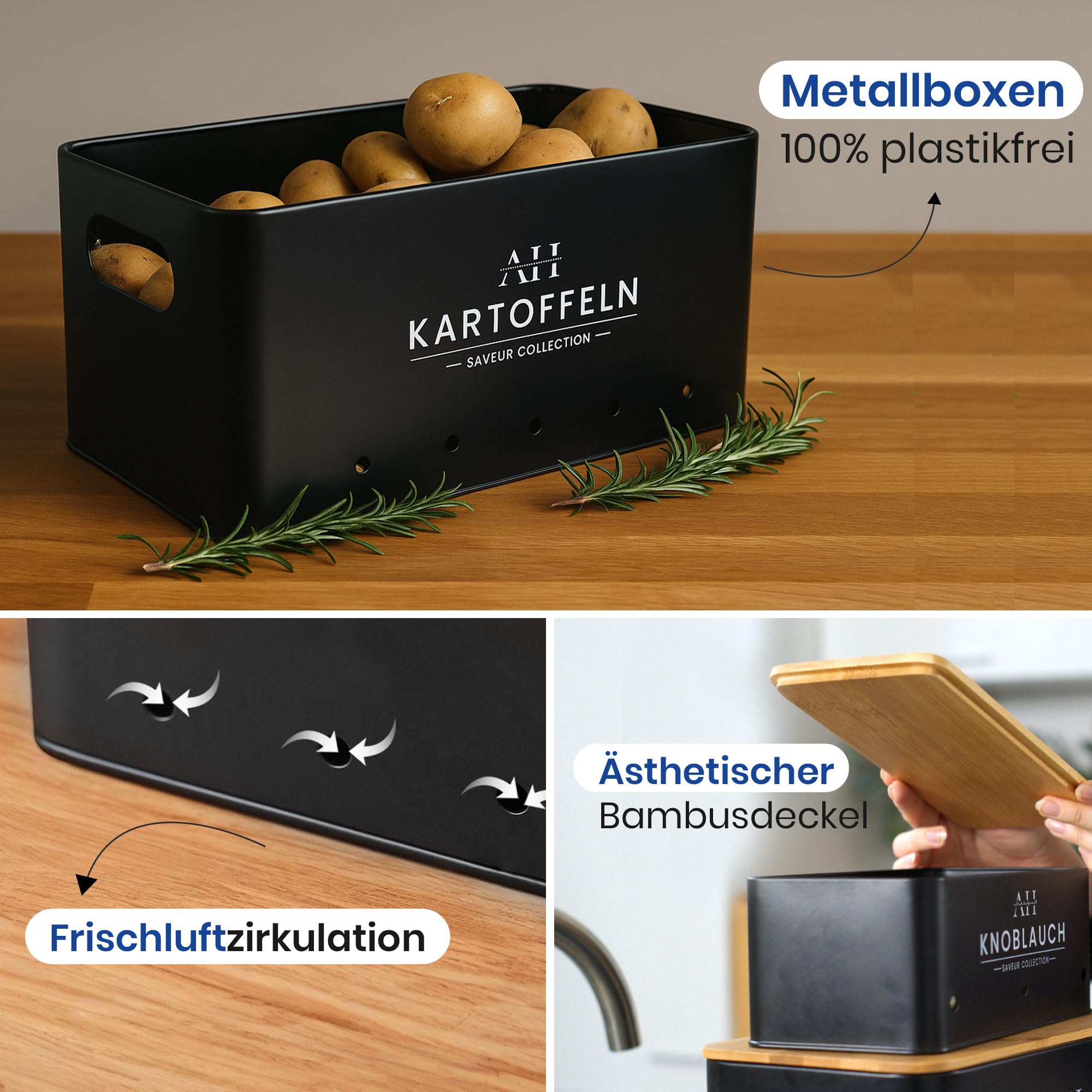 AH® Kartoffel Aufbewahrungsbox inkl. Gemüsebürste [5er Set] - Zwiebeltopf, Kartoffelbox - Geeignet für Gemüse & Zwiebel Aufbewahrung