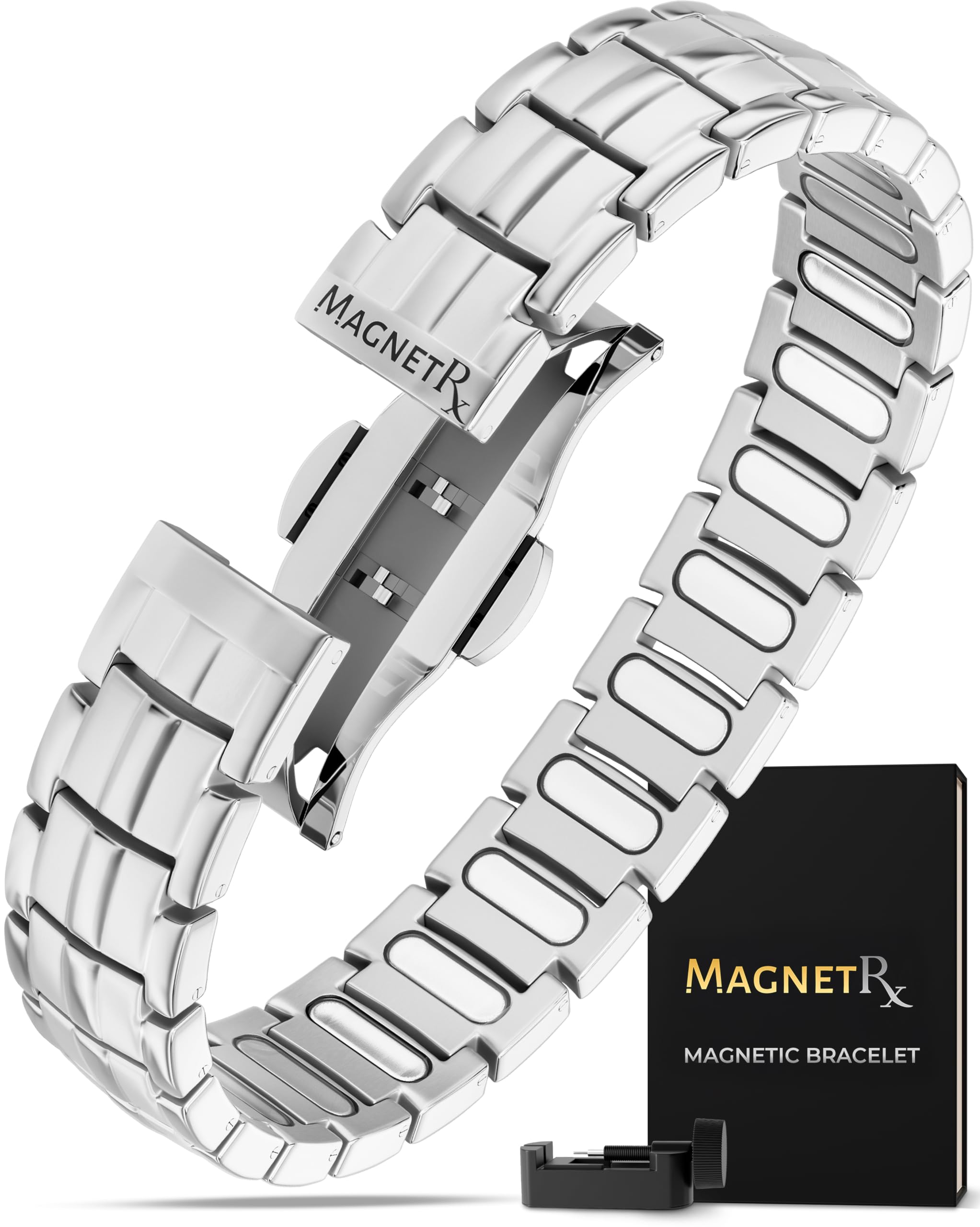 MagnetRXMagnetRX® Magnetic Bracelets for Men - EllipseMAX 5X Strength 5,000 Gauss Magnets - Designed in USA & Patent Pending - Premium Titanium Mens Magnetic Bracelet & Adjustable Length (Silver)